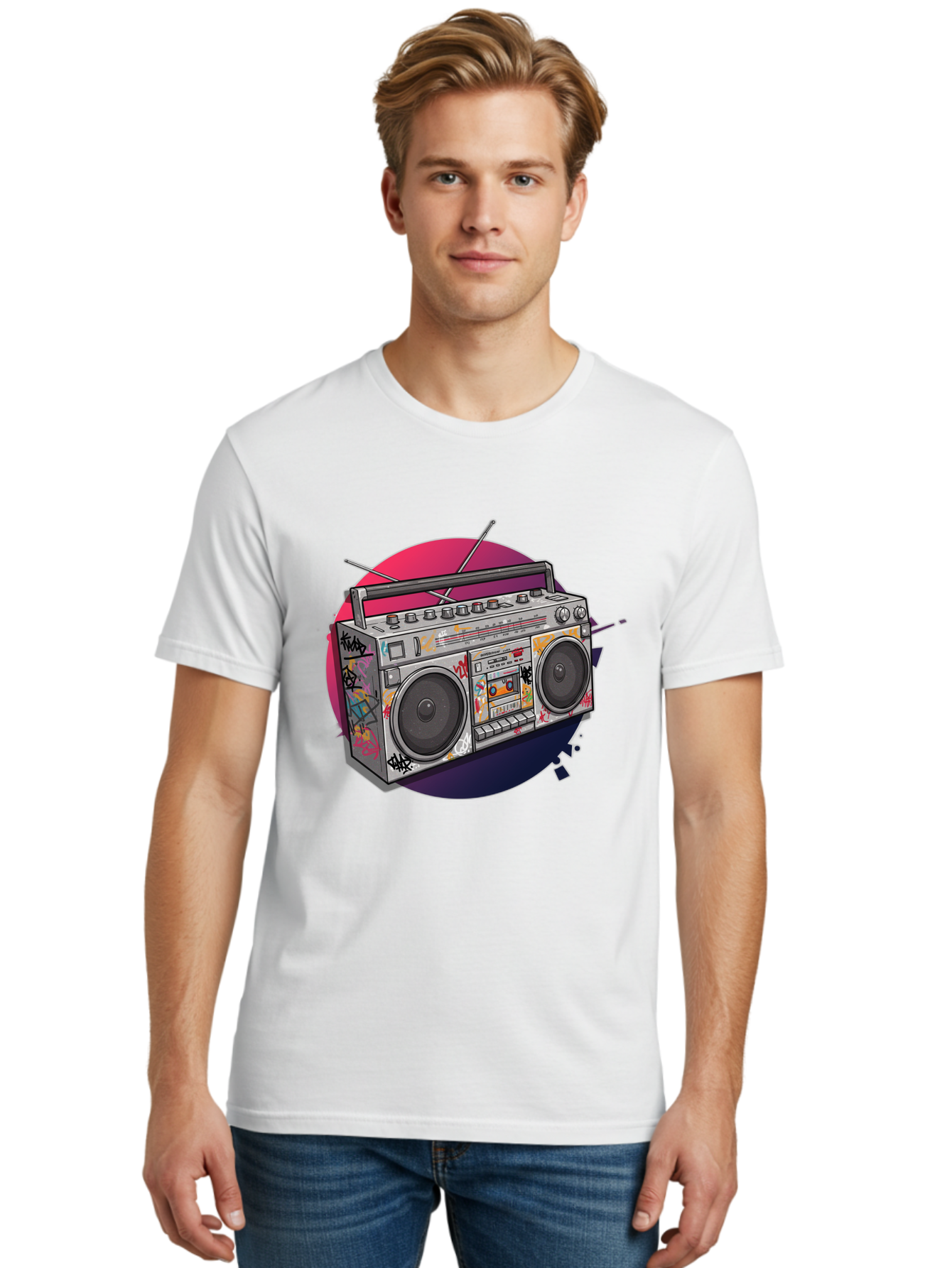 Boombox Men'S Graphic Tee, 100% Cotton, Comfortable Casual Summer Wear, Machine Washable, Vintage Boombox, Retro Music Player, Graffiti Art, Cassette Tape, 80S Nostalgia, Portable Radio, Street Style, Urban Culture Bac679