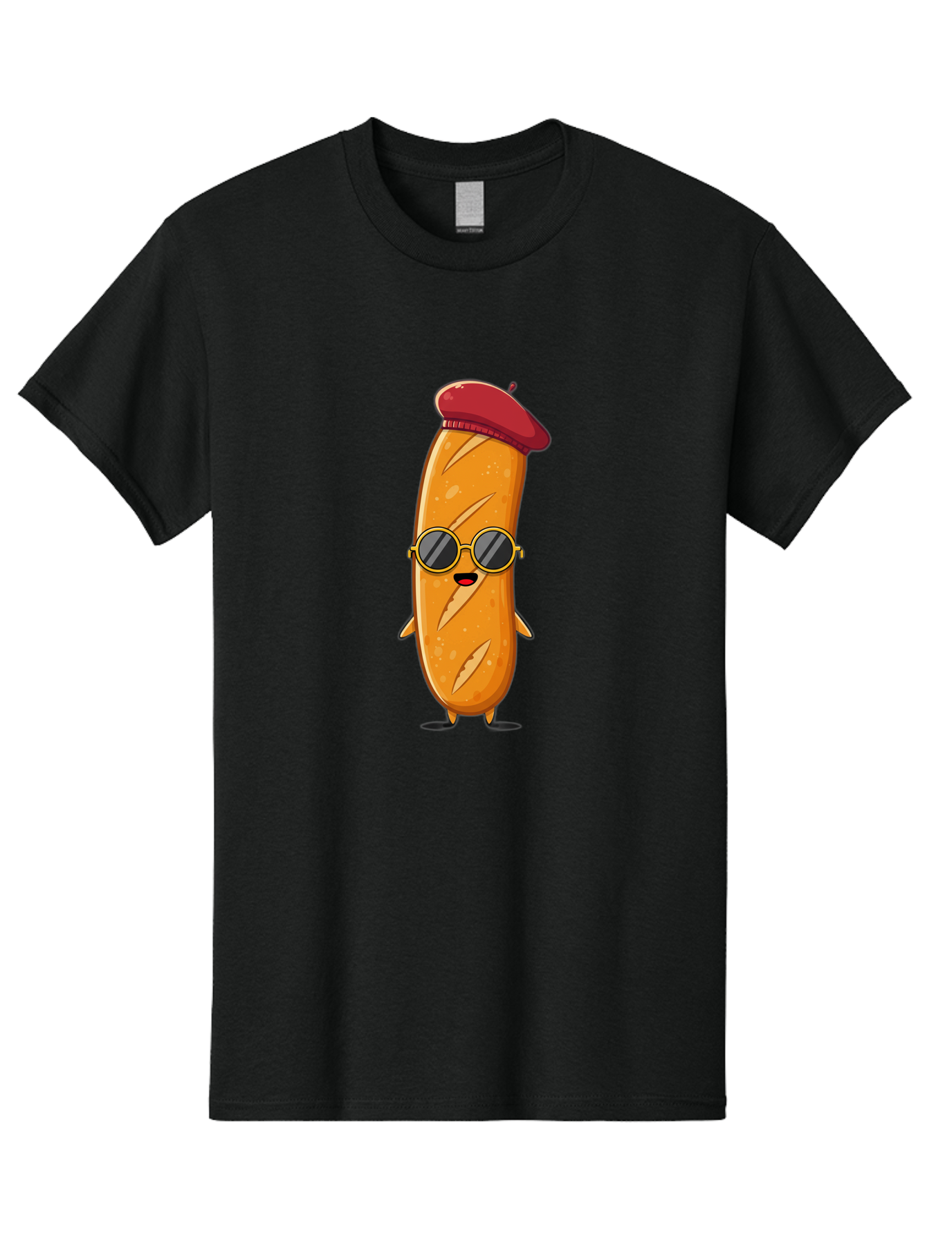 Bread-Mascot Men'S Graphic Tee, 100% Cotton, Comfortable Casual Summer Wear, Machine Washable, Cartoon Hot Dog, Wearing Sunglasses, Red Beret, French-Inspired, Quirky Character, Humorous Illustration, Trendy Food, Fun Graphics, Bac681