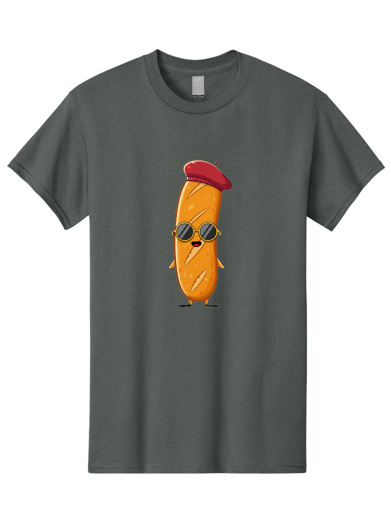 Bread-Mascot Men'S Graphic Tee, 100% Cotton, Comfortable Casual Summer Wear, Machine Washable, Cartoon Hot Dog, Wearing Sunglasses, Red Beret, French-Inspired, Quirky Character, Humorous Illustration, Trendy Food, Fun Graphics, Bac681