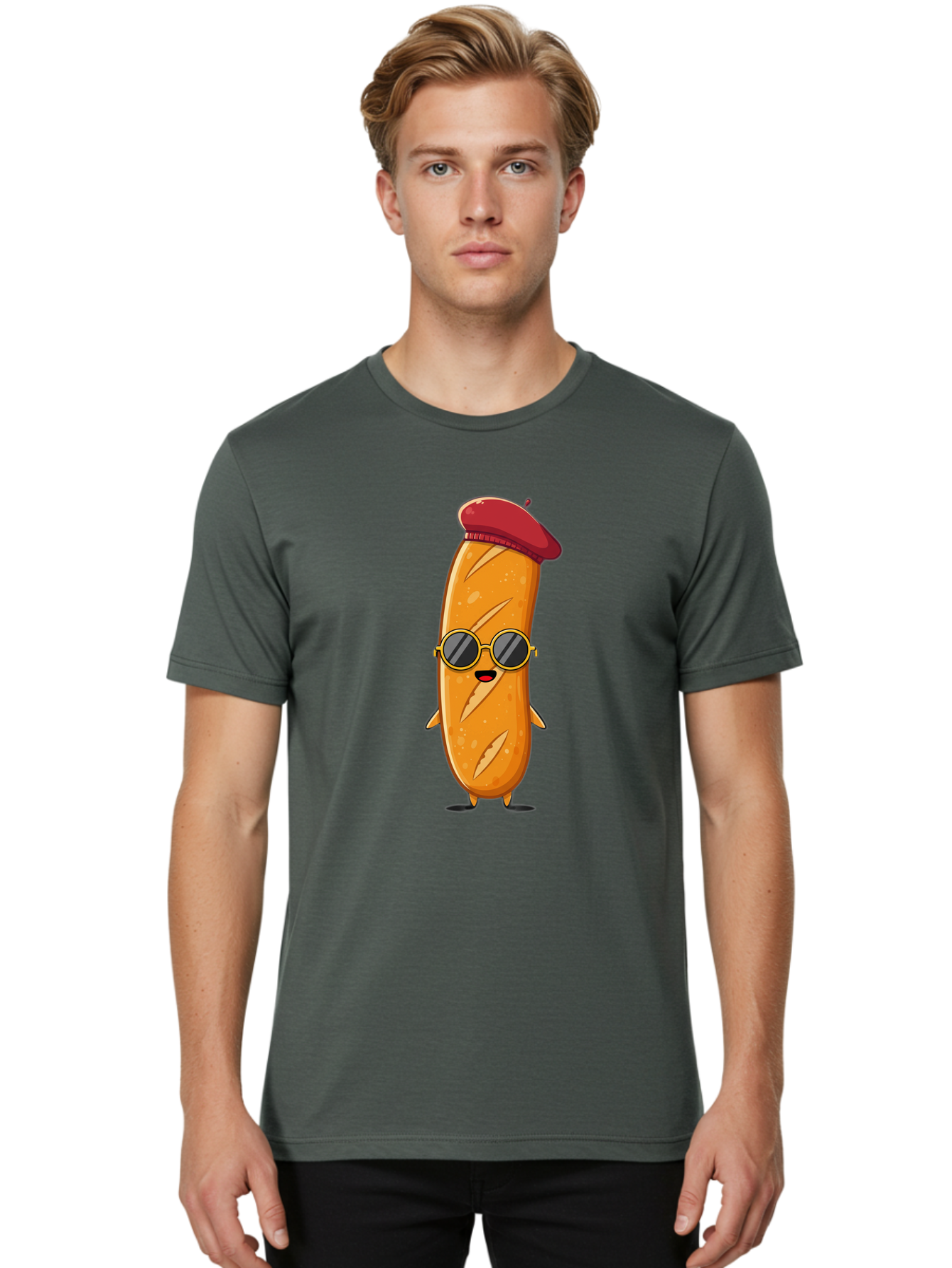 Bread-Mascot Men'S Graphic Tee, 100% Cotton, Comfortable Casual Summer Wear, Machine Washable, Cartoon Hot Dog, Wearing Sunglasses, Red Beret, French-Inspired, Quirky Character, Humorous Illustration, Trendy Food, Fun Graphics, Bac681