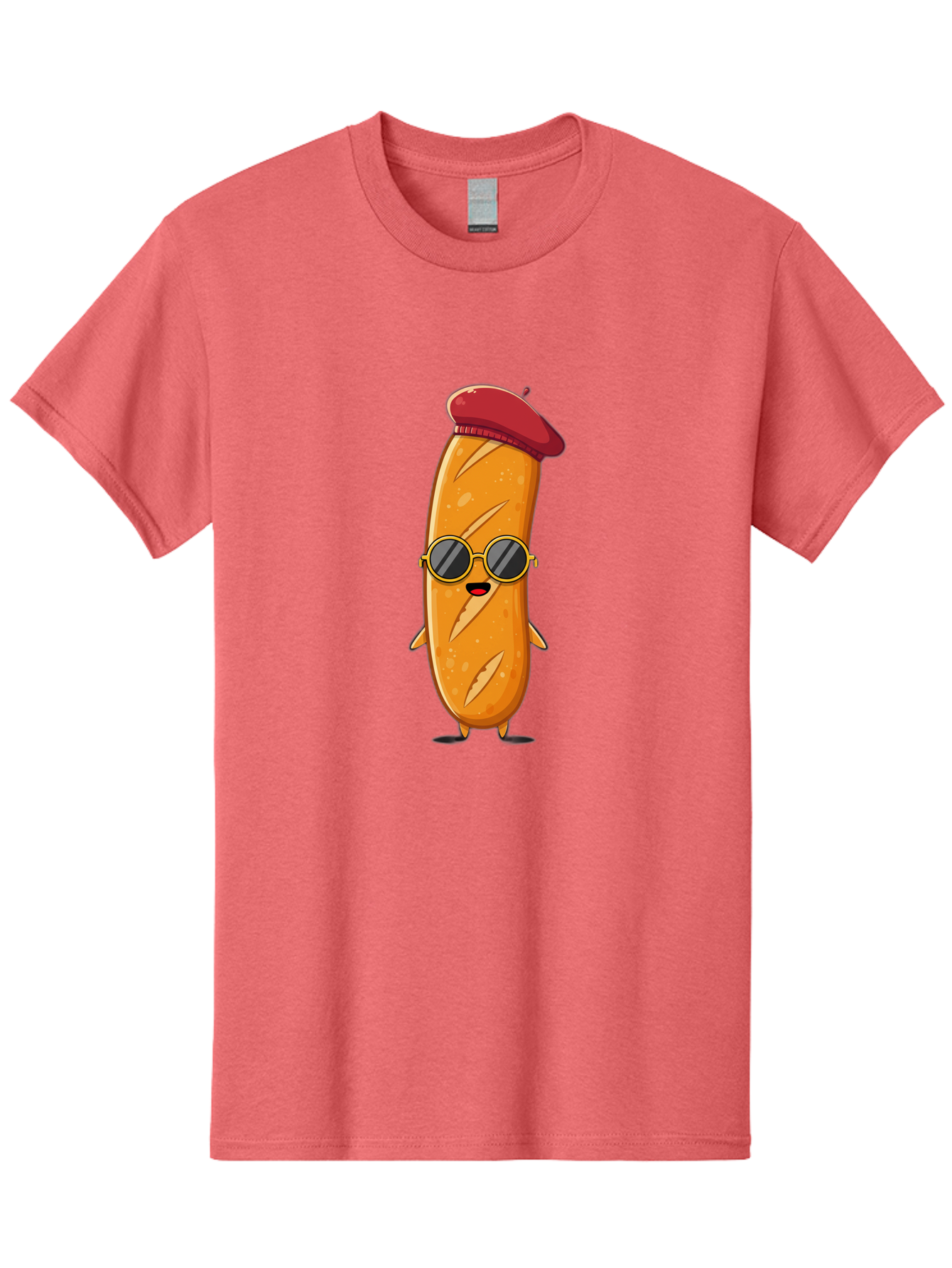 Bread-Mascot Men'S Graphic Tee, 100% Cotton, Comfortable Casual Summer Wear, Machine Washable, Cartoon Hot Dog, Wearing Sunglasses, Red Beret, French-Inspired, Quirky Character, Humorous Illustration, Trendy Food, Fun Graphics, Bac681