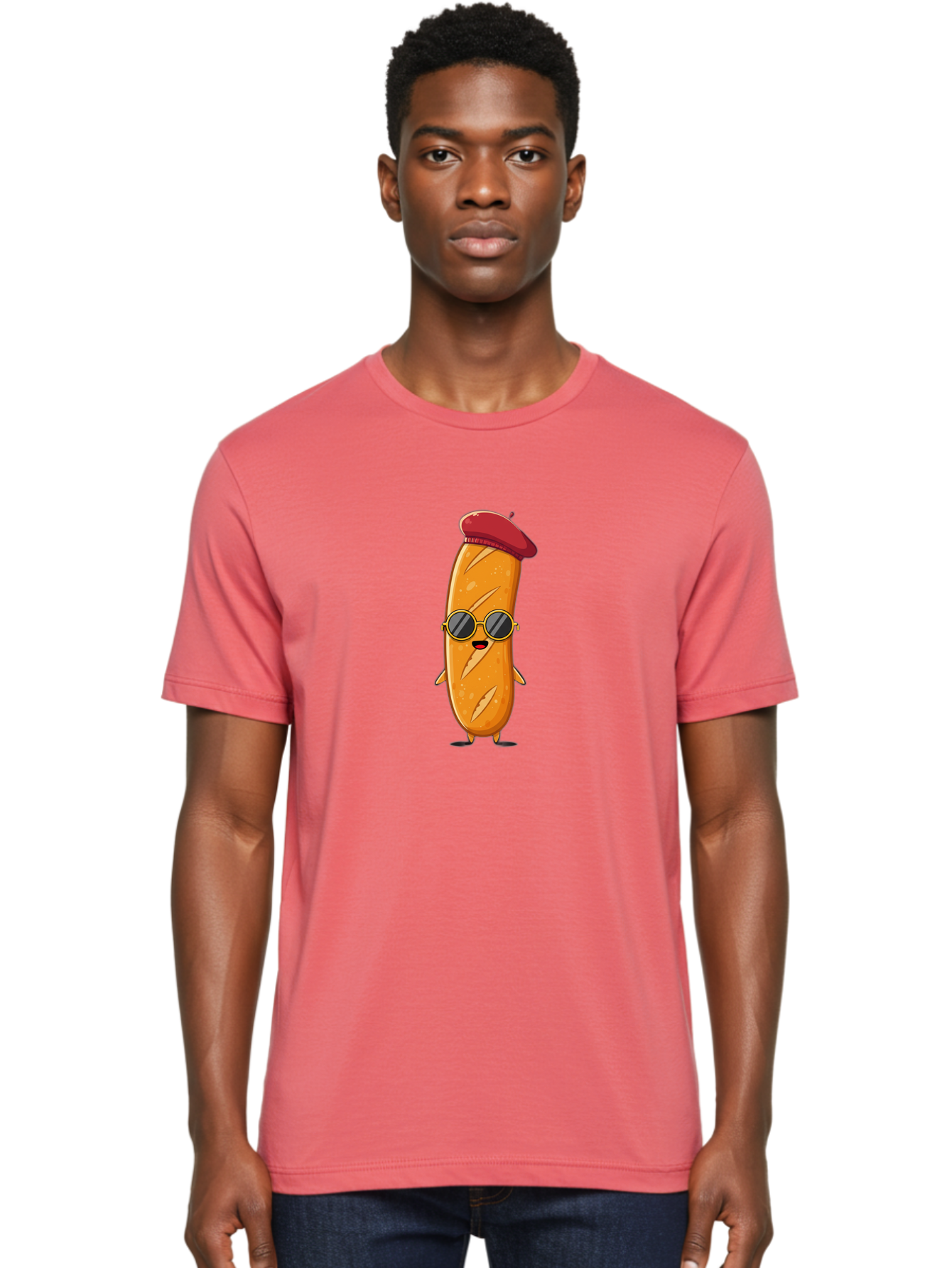 Bread-Mascot Men'S Graphic Tee, 100% Cotton, Comfortable Casual Summer Wear, Machine Washable, Cartoon Hot Dog, Wearing Sunglasses, Red Beret, French-Inspired, Quirky Character, Humorous Illustration, Trendy Food, Fun Graphics, Bac681