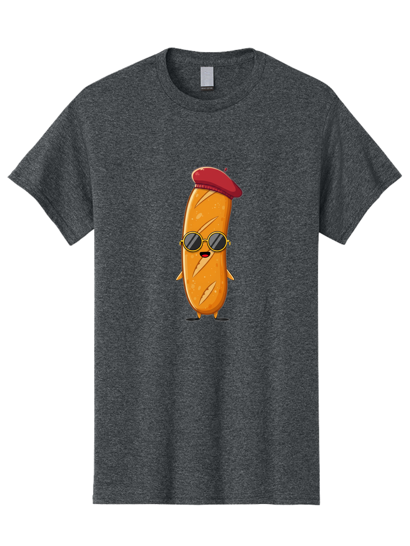 Bread-Mascot Men'S Graphic Tee, 100% Cotton, Comfortable Casual Summer Wear, Machine Washable, Cartoon Hot Dog, Wearing Sunglasses, Red Beret, French-Inspired, Quirky Character, Humorous Illustration, Trendy Food, Fun Graphics, Bac681
