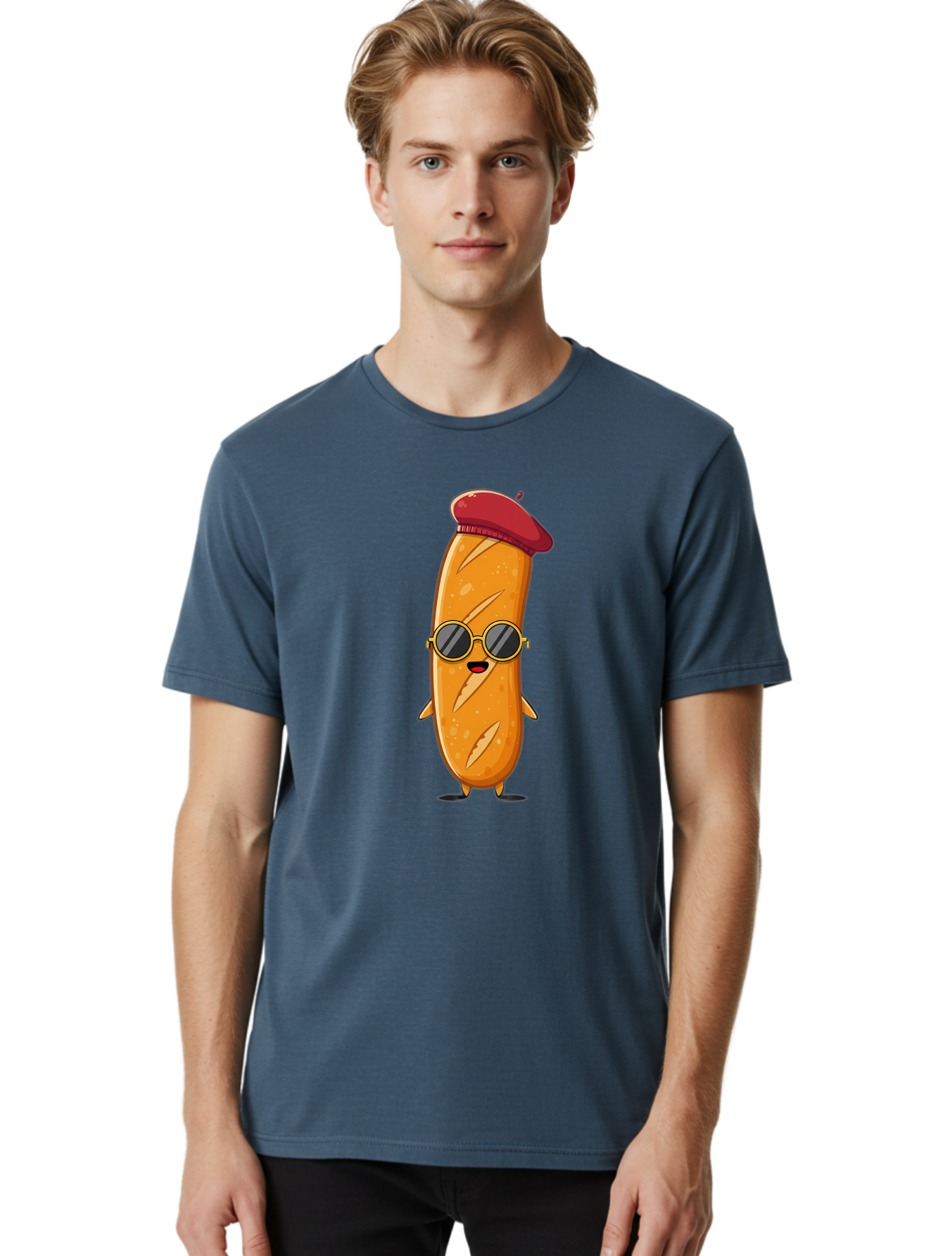 Bread-Mascot Men'S Graphic Tee, 100% Cotton, Comfortable Casual Summer Wear, Machine Washable, Cartoon Hot Dog, Wearing Sunglasses, Red Beret, French-Inspired, Quirky Character, Humorous Illustration, Trendy Food, Fun Graphics, Bac681