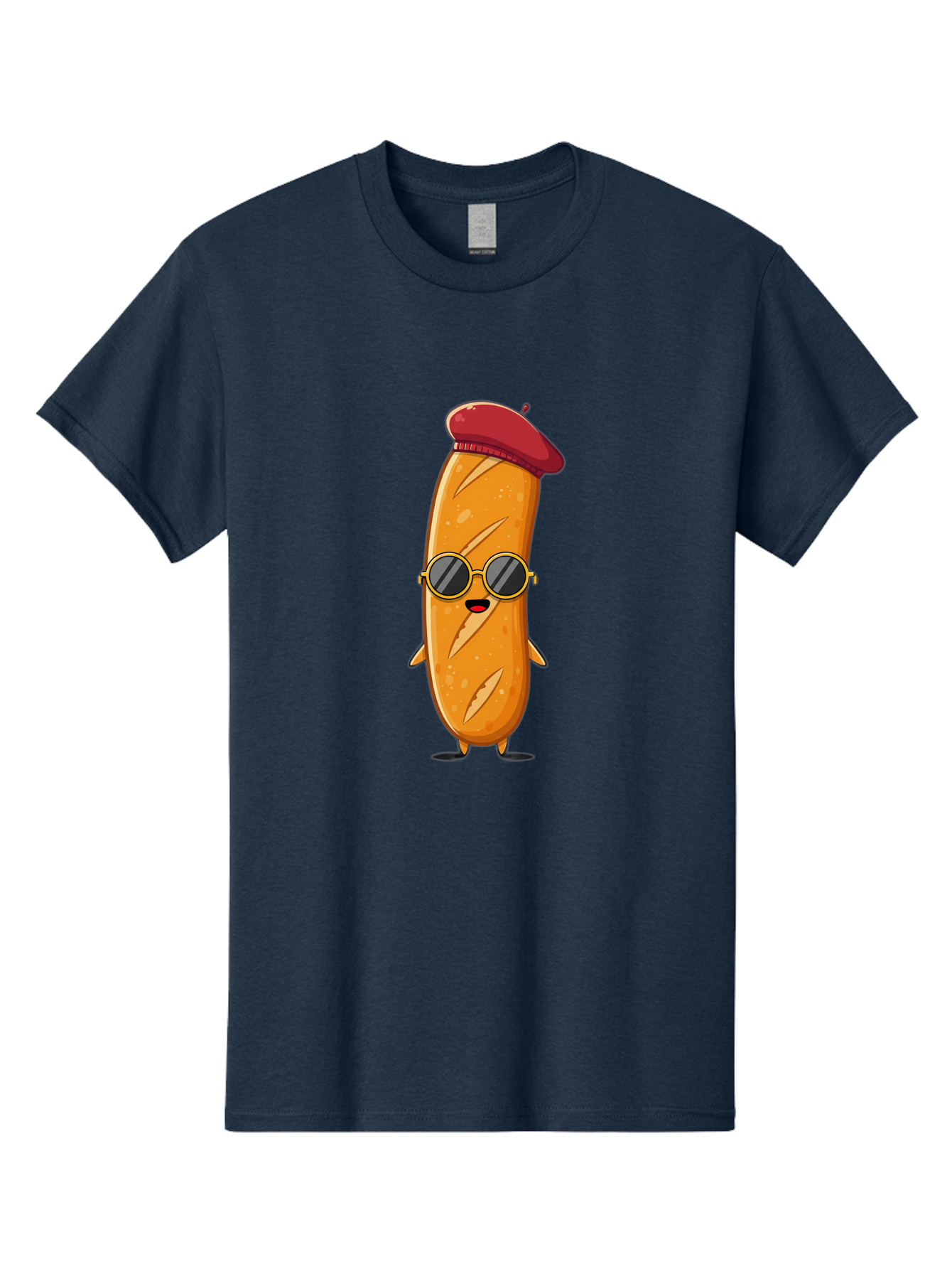 Bread-Mascot Men'S Graphic Tee, 100% Cotton, Comfortable Casual Summer Wear, Machine Washable, Cartoon Hot Dog, Wearing Sunglasses, Red Beret, French-Inspired, Quirky Character, Humorous Illustration, Trendy Food, Fun Graphics, Bac681