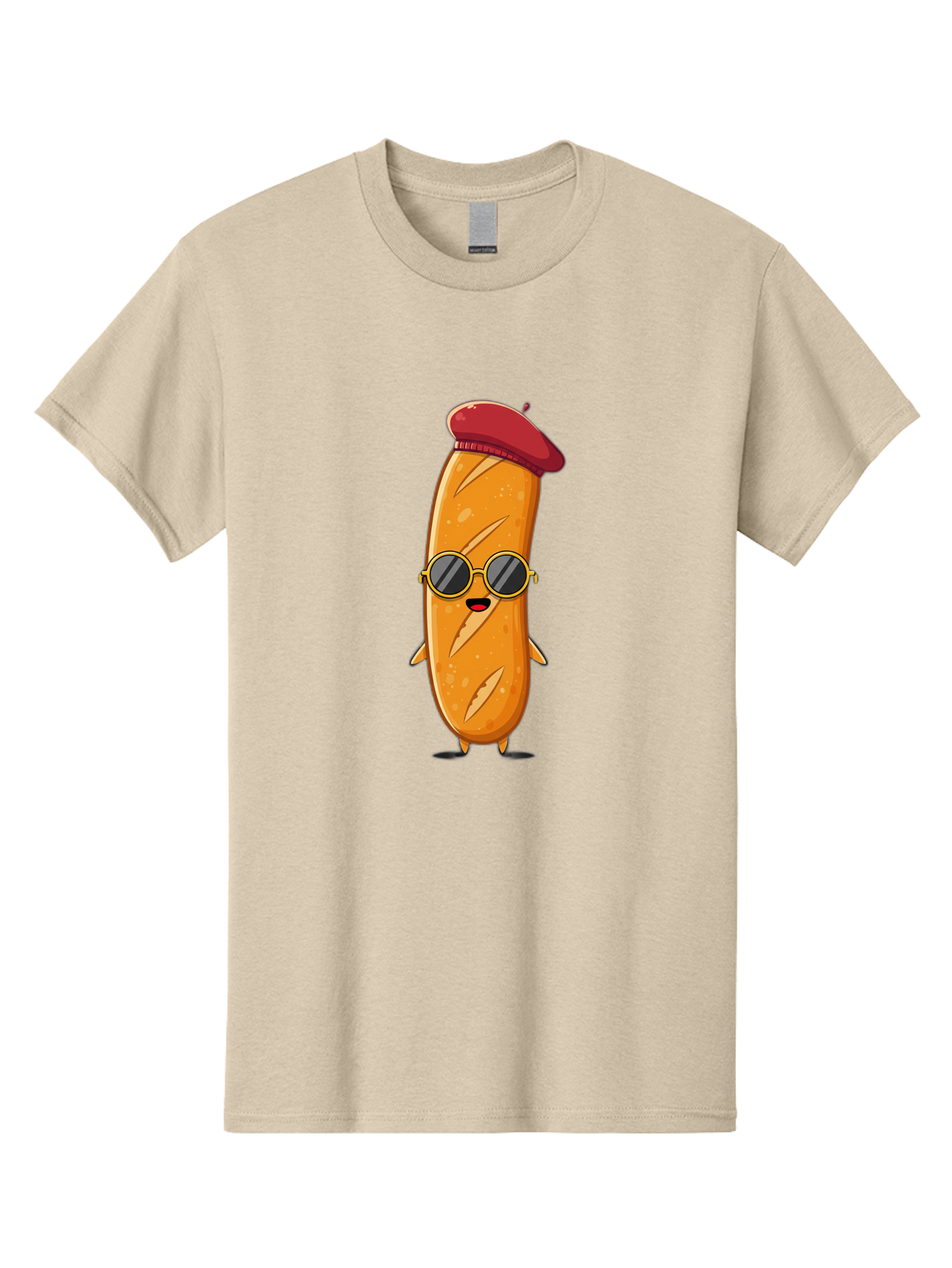 Bread-Mascot Men'S Graphic Tee, 100% Cotton, Comfortable Casual Summer Wear, Machine Washable, Cartoon Hot Dog, Wearing Sunglasses, Red Beret, French-Inspired, Quirky Character, Humorous Illustration, Trendy Food, Fun Graphics, Bac681
