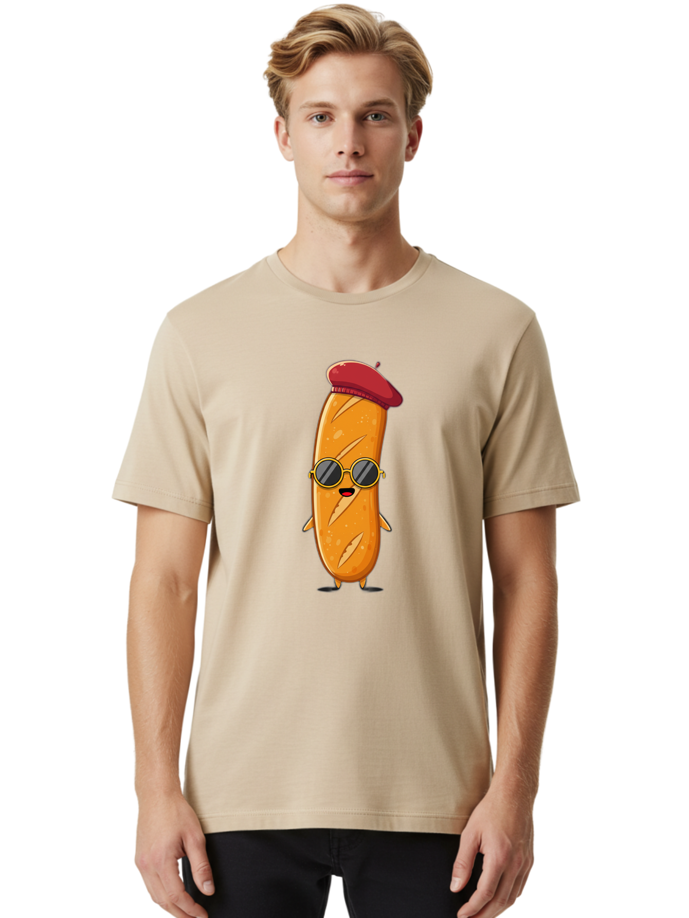Bread-Mascot Men'S Graphic Tee, 100% Cotton, Comfortable Casual Summer Wear, Machine Washable, Cartoon Hot Dog, Wearing Sunglasses, Red Beret, French-Inspired, Quirky Character, Humorous Illustration, Trendy Food, Fun Graphics, Bac681