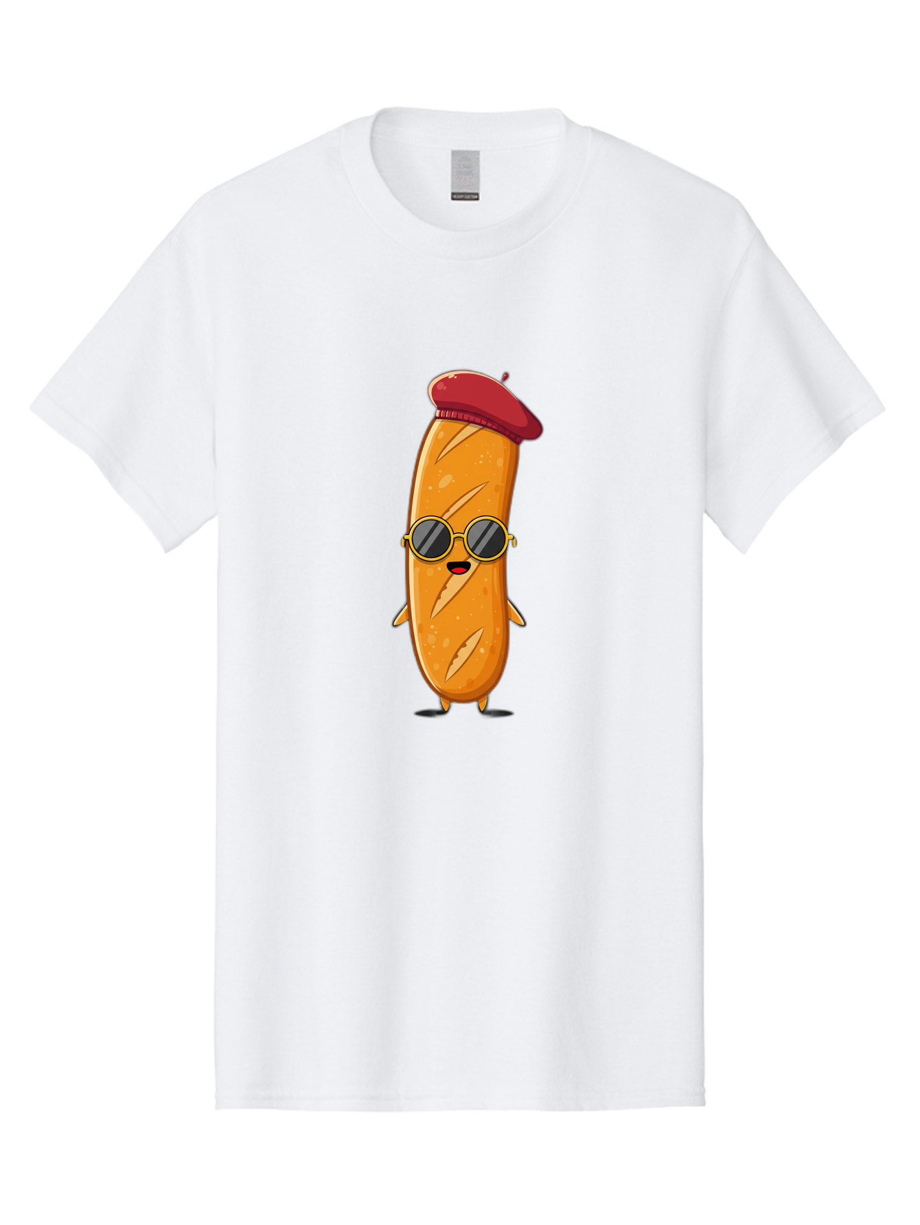 Bread-Mascot Men'S Graphic Tee, 100% Cotton, Comfortable Casual Summer Wear, Machine Washable, Cartoon Hot Dog, Wearing Sunglasses, Red Beret, French-Inspired, Quirky Character, Humorous Illustration, Trendy Food, Fun Graphics, Bac681