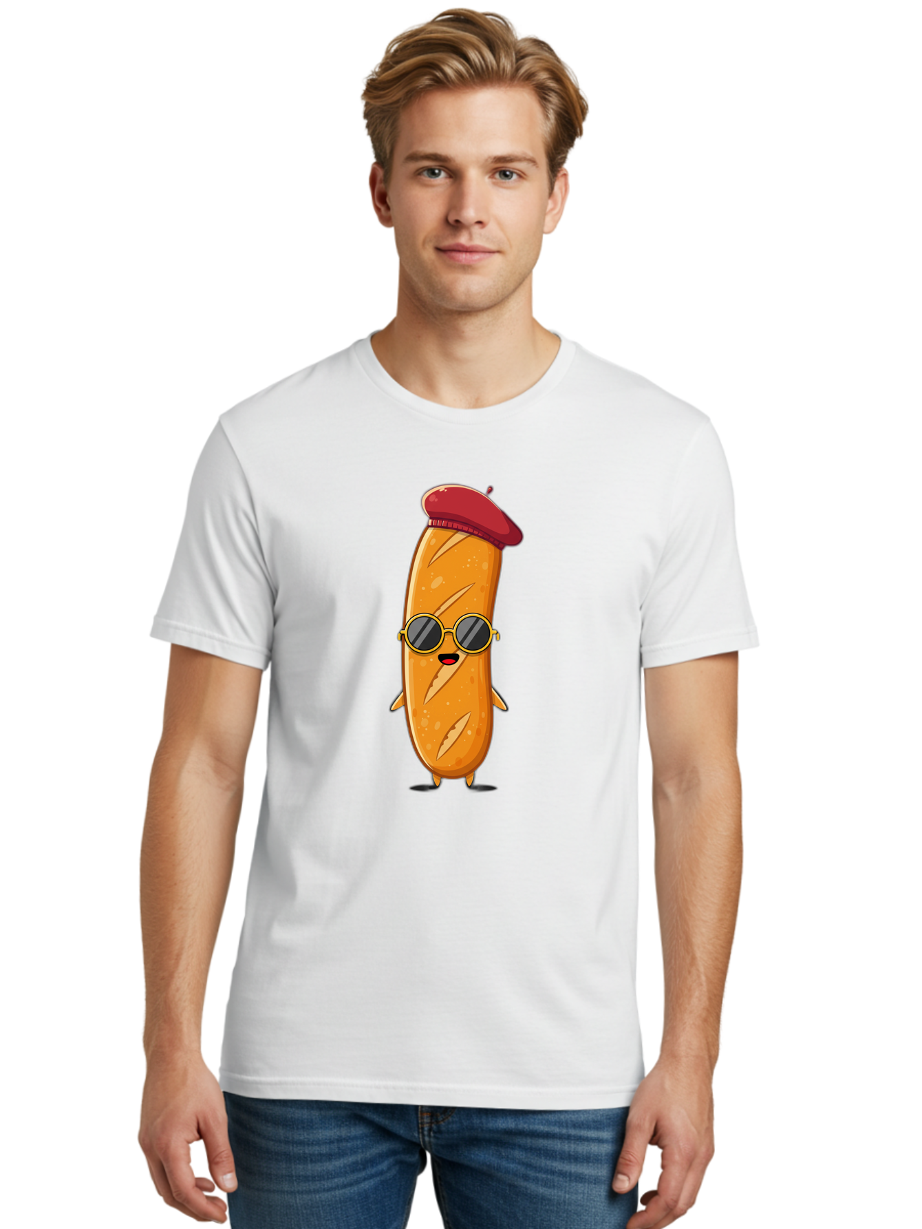 Bread-Mascot Men'S Graphic Tee, 100% Cotton, Comfortable Casual Summer Wear, Machine Washable, Cartoon Hot Dog, Wearing Sunglasses, Red Beret, French-Inspired, Quirky Character, Humorous Illustration, Trendy Food, Fun Graphics, Bac681
