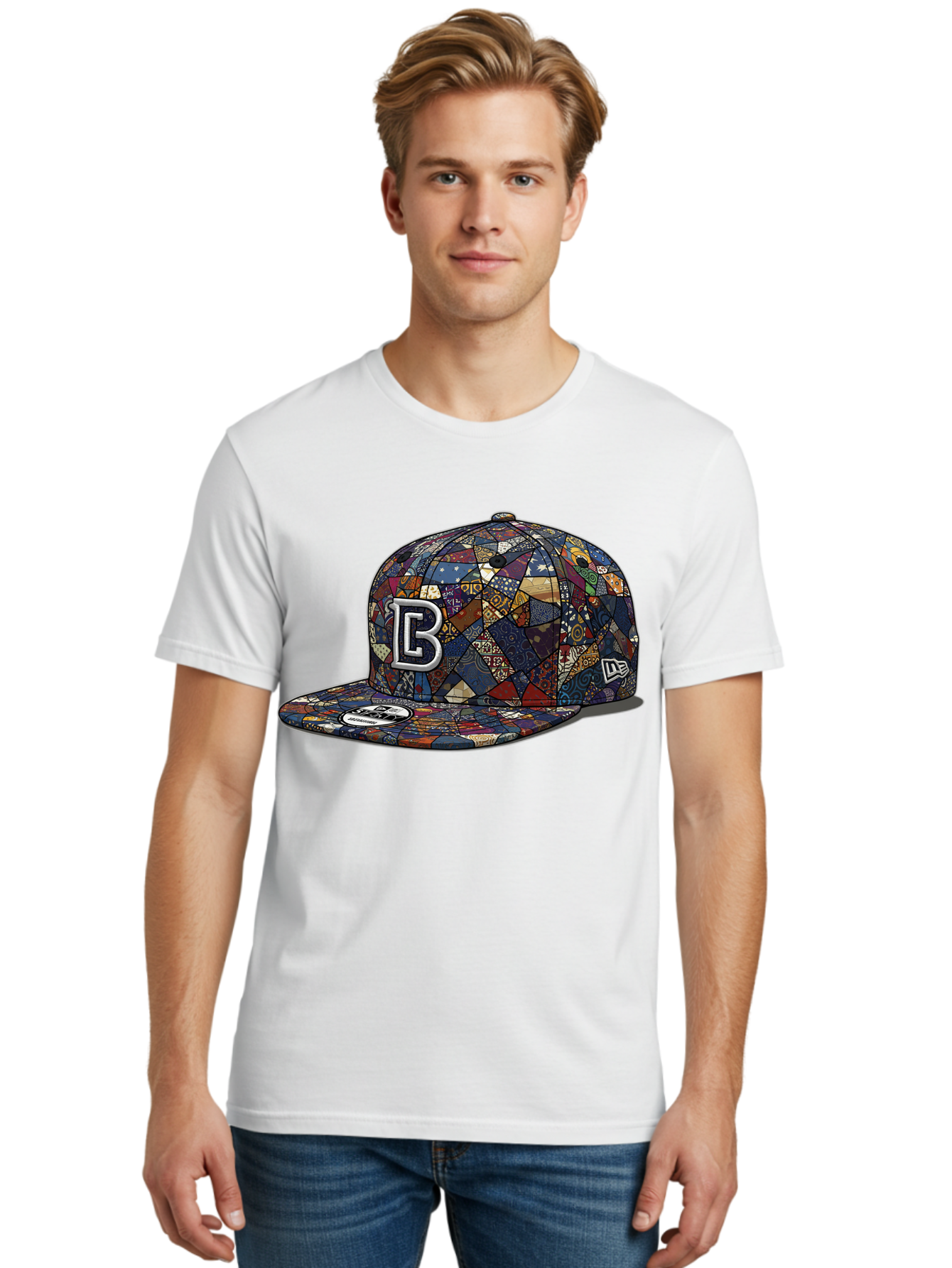 Brooklyn-Baseball-Cap Men'S Graphic Tee, 100% Cotton, Comfortable Casual Summer Wear, Machine Washable, Baseball Cap, Mosaic Pattern, Colorful Design, B Logo, New Era Brand, Sports Apparel, Fashion Accessory, Trendy Hat, Casual Wear, Bac682