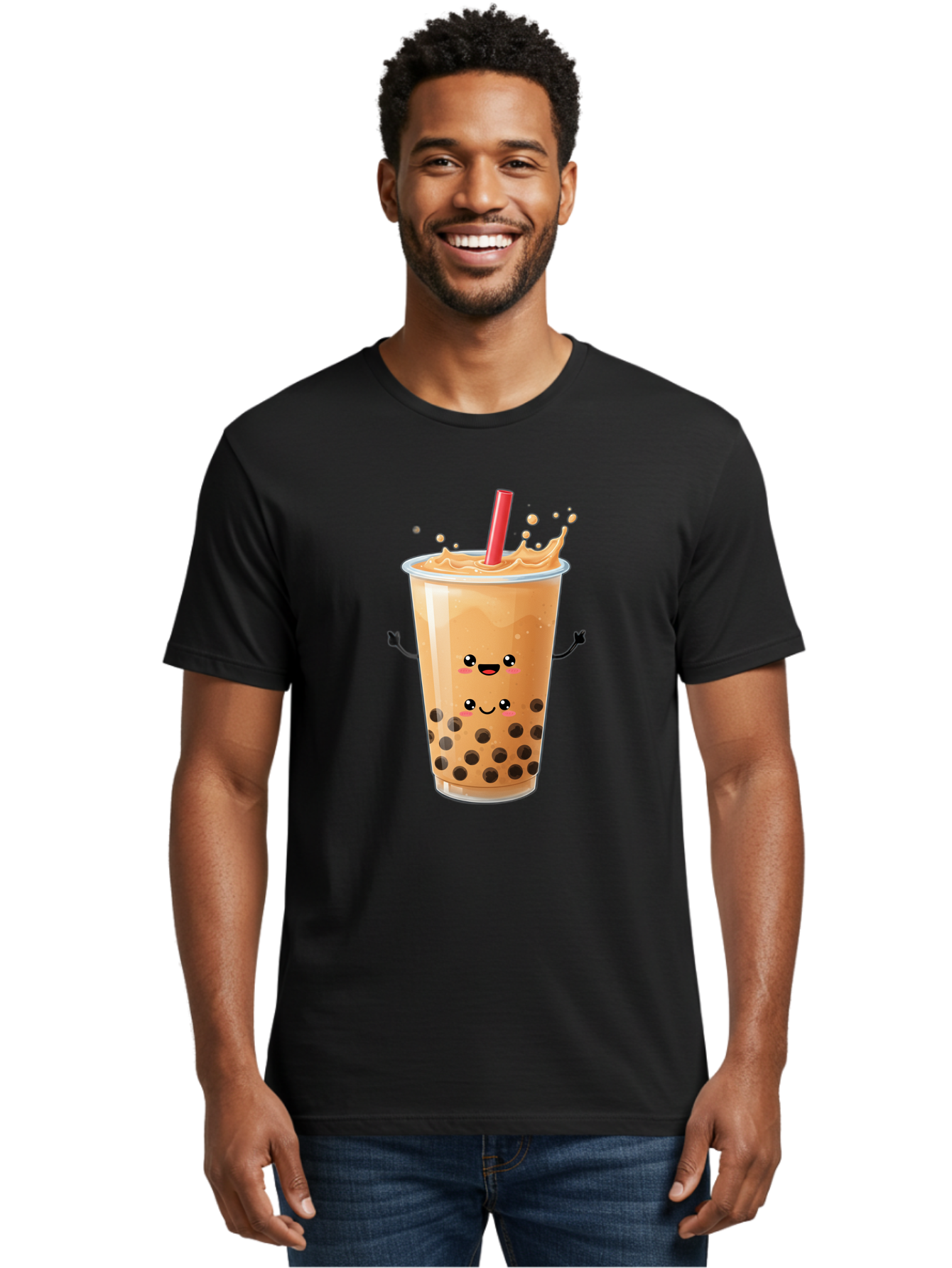 Bubble-Milk-Tea-4 Men'S Graphic Tee, 100% Cotton, Comfortable Casual Summer Wear, Machine Washable, Cartoon Bubble Tea, Boba Tea, Milk Tea, Kawaii Drink, Cute Beverage, Smiling Drink, Asian Drink Culture, Tea Lover Bac686