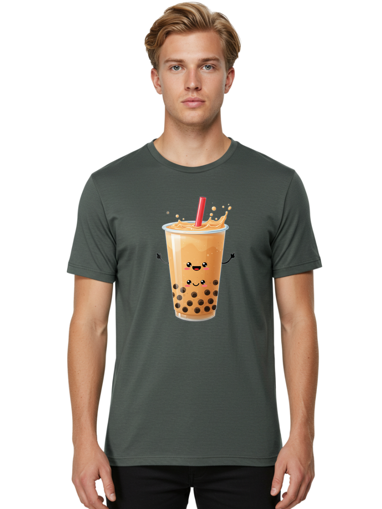 Bubble-Milk-Tea-4 Men'S Graphic Tee, 100% Cotton, Comfortable Casual Summer Wear, Machine Washable, Cartoon Bubble Tea, Boba Tea, Milk Tea, Kawaii Drink, Cute Beverage, Smiling Drink, Asian Drink Culture, Tea Lover Bac686