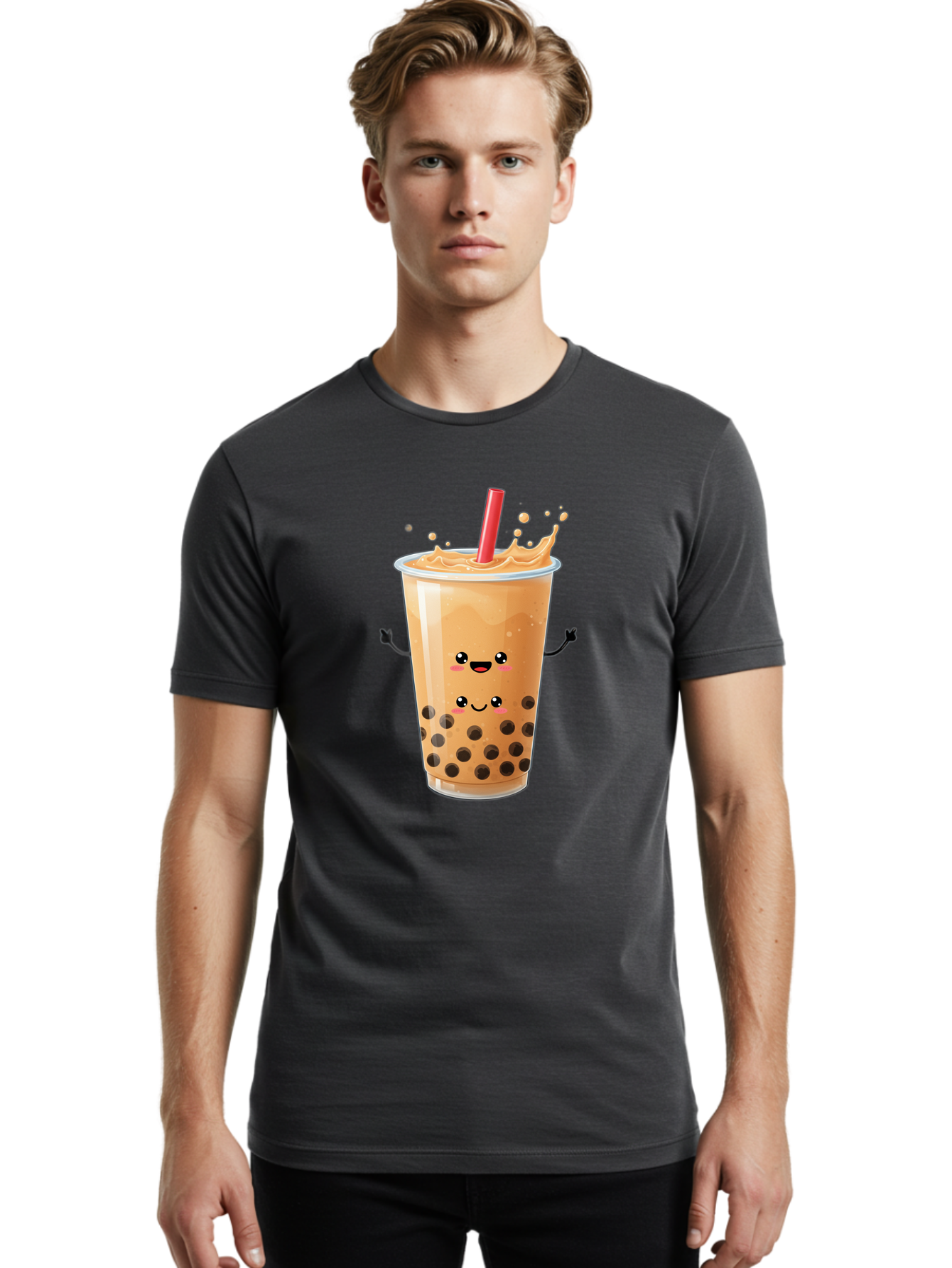 Bubble-Milk-Tea-4 Men'S Graphic Tee, 100% Cotton, Comfortable Casual Summer Wear, Machine Washable, Cartoon Bubble Tea, Boba Tea, Milk Tea, Kawaii Drink, Cute Beverage, Smiling Drink, Asian Drink Culture, Tea Lover Bac686