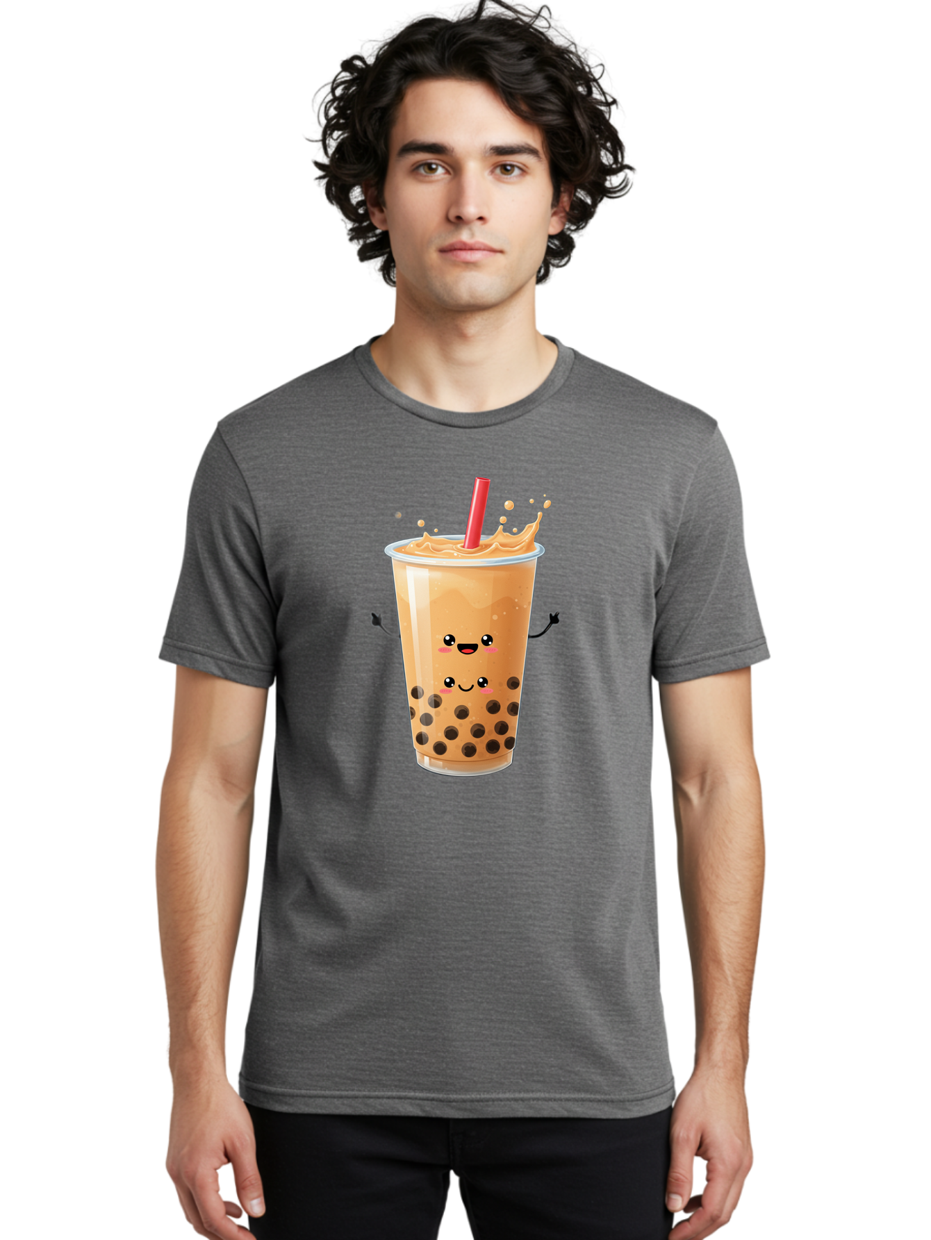 Bubble-Milk-Tea-4 Men'S Graphic Tee, 100% Cotton, Comfortable Casual Summer Wear, Machine Washable, Cartoon Bubble Tea, Boba Tea, Milk Tea, Kawaii Drink, Cute Beverage, Smiling Drink, Asian Drink Culture, Tea Lover Bac686