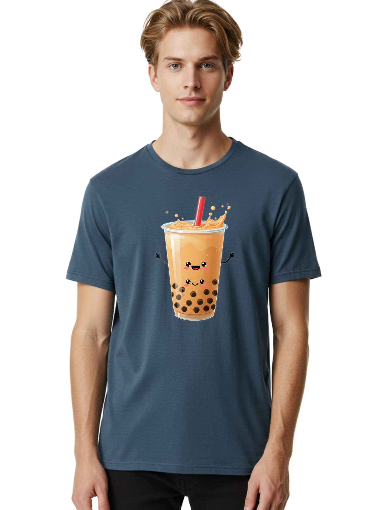 Bubble-Milk-Tea-4 Men'S Graphic Tee, 100% Cotton, Comfortable Casual Summer Wear, Machine Washable, Cartoon Bubble Tea, Boba Tea, Milk Tea, Kawaii Drink, Cute Beverage, Smiling Drink, Asian Drink Culture, Tea Lover Bac686