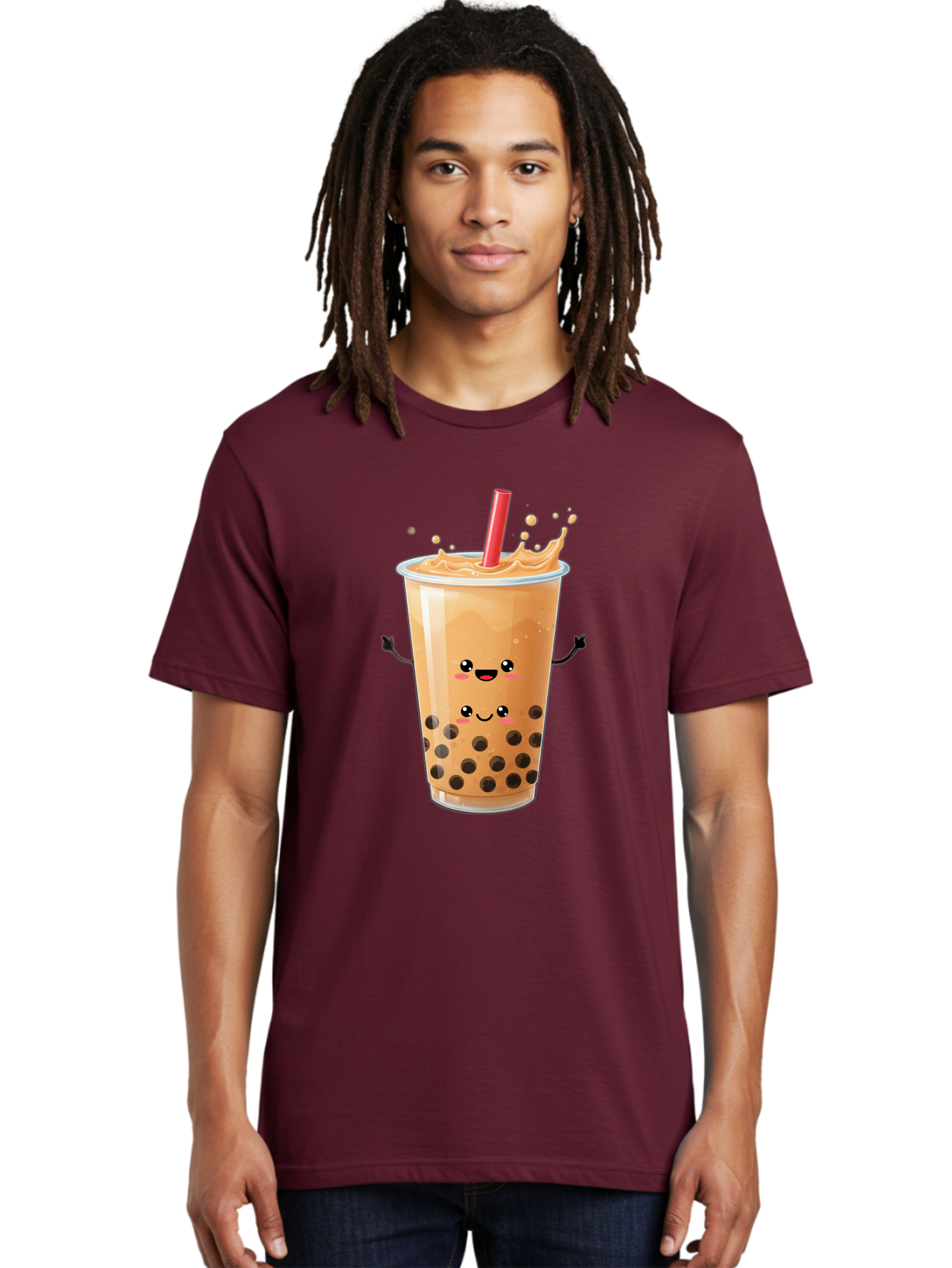 Bubble-Milk-Tea-4 Men'S Graphic Tee, 100% Cotton, Comfortable Casual Summer Wear, Machine Washable, Cartoon Bubble Tea, Boba Tea, Milk Tea, Kawaii Drink, Cute Beverage, Smiling Drink, Asian Drink Culture, Tea Lover Bac686