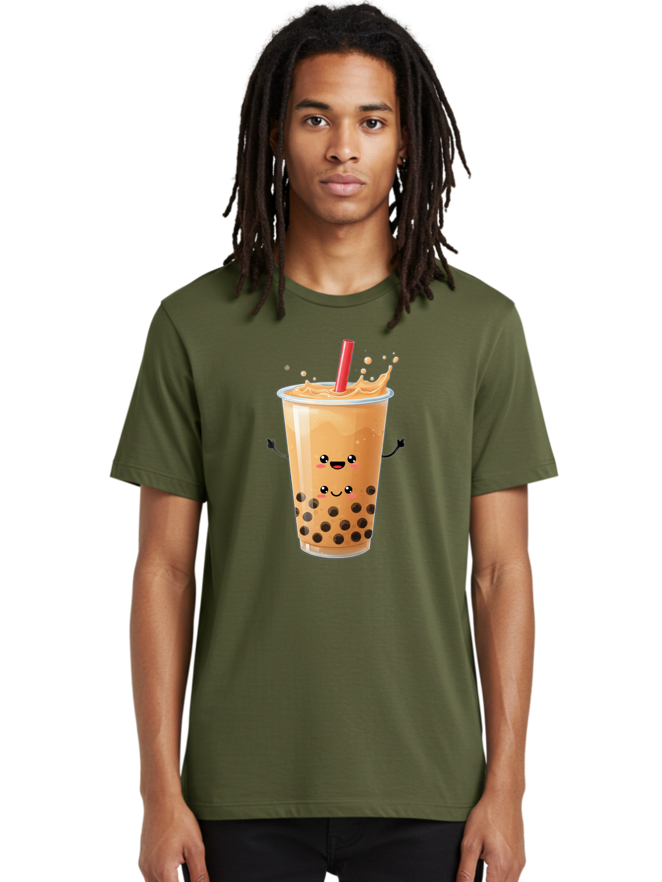 Bubble-Milk-Tea-4 Men'S Graphic Tee, 100% Cotton, Comfortable Casual Summer Wear, Machine Washable, Cartoon Bubble Tea, Boba Tea, Milk Tea, Kawaii Drink, Cute Beverage, Smiling Drink, Asian Drink Culture, Tea Lover Bac686