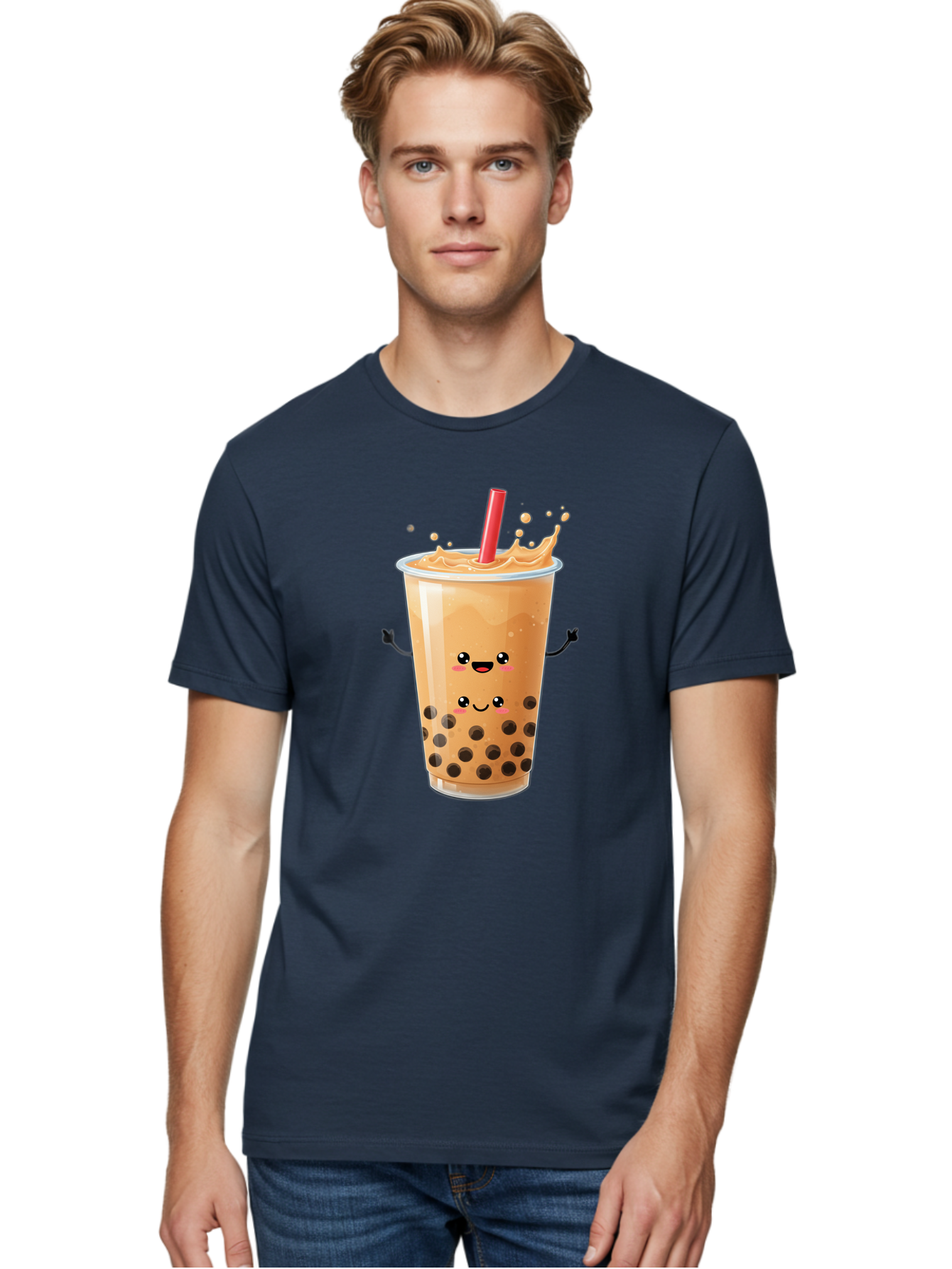 Bubble-Milk-Tea-4 Men'S Graphic Tee, 100% Cotton, Comfortable Casual Summer Wear, Machine Washable, Cartoon Bubble Tea, Boba Tea, Milk Tea, Kawaii Drink, Cute Beverage, Smiling Drink, Asian Drink Culture, Tea Lover Bac686