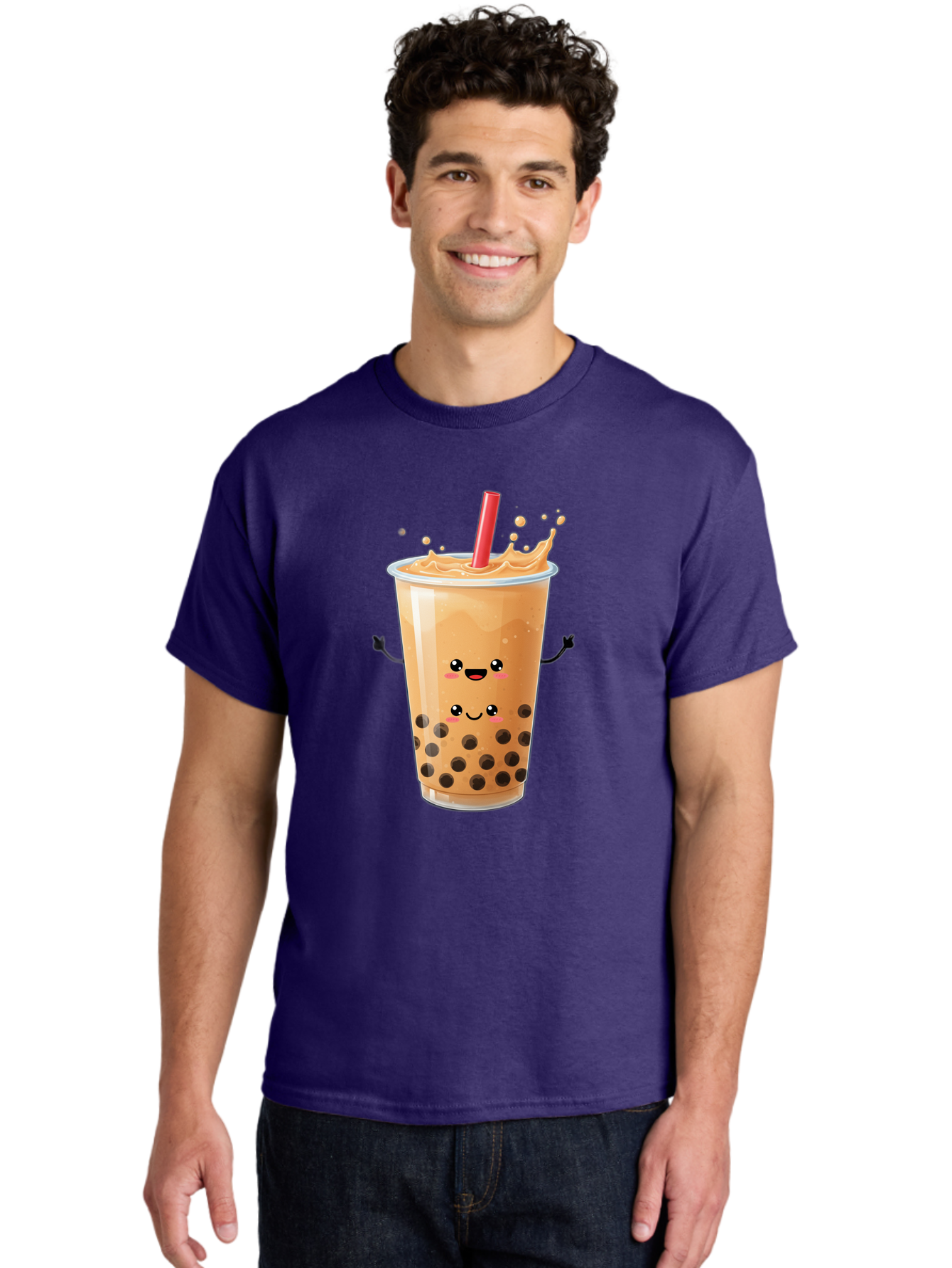 Bubble-Milk-Tea-4 Men'S Graphic Tee, 100% Cotton, Comfortable Casual Summer Wear, Machine Washable, Cartoon Bubble Tea, Boba Tea, Milk Tea, Kawaii Drink, Cute Beverage, Smiling Drink, Asian Drink Culture, Tea Lover Bac686