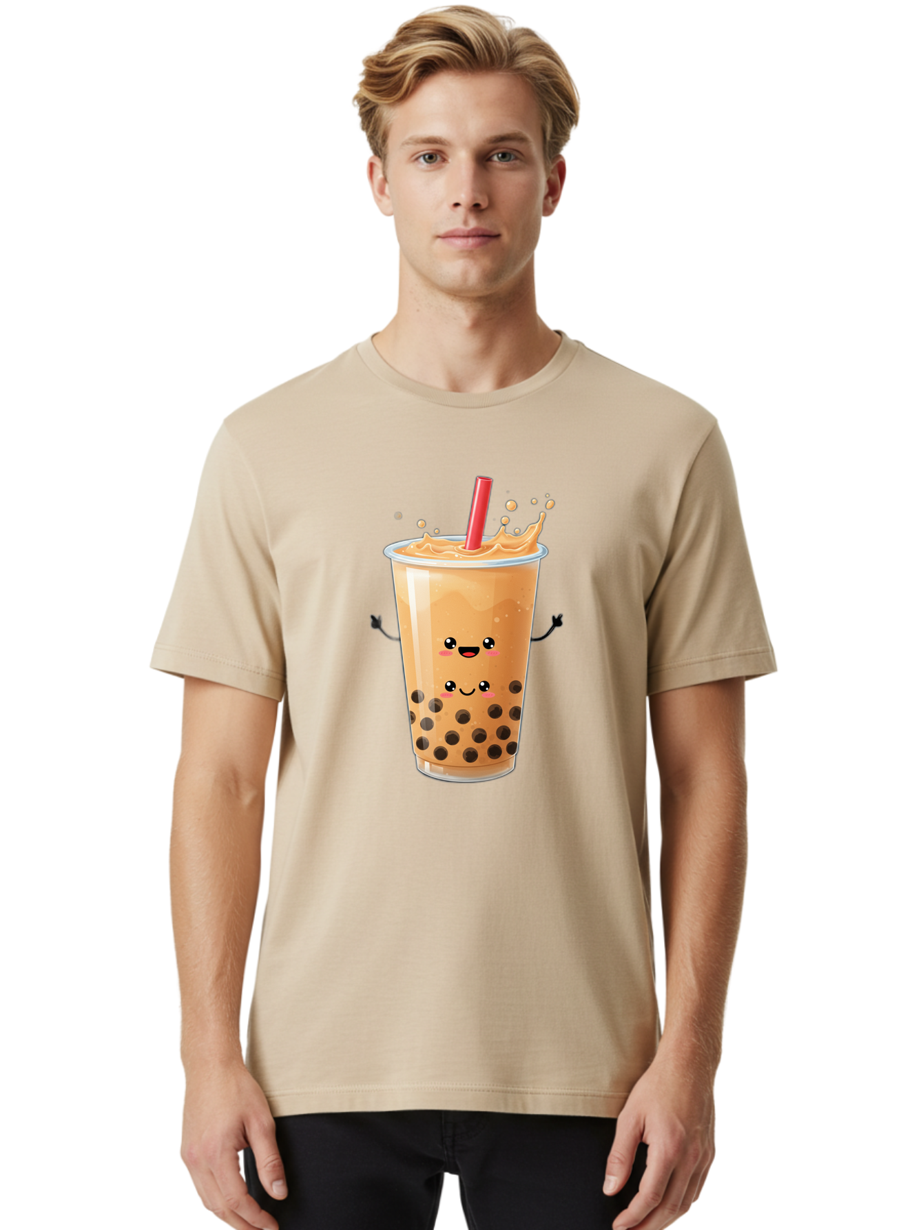 Bubble-Milk-Tea-4 Men'S Graphic Tee, 100% Cotton, Comfortable Casual Summer Wear, Machine Washable, Cartoon Bubble Tea, Boba Tea, Milk Tea, Kawaii Drink, Cute Beverage, Smiling Drink, Asian Drink Culture, Tea Lover Bac686
