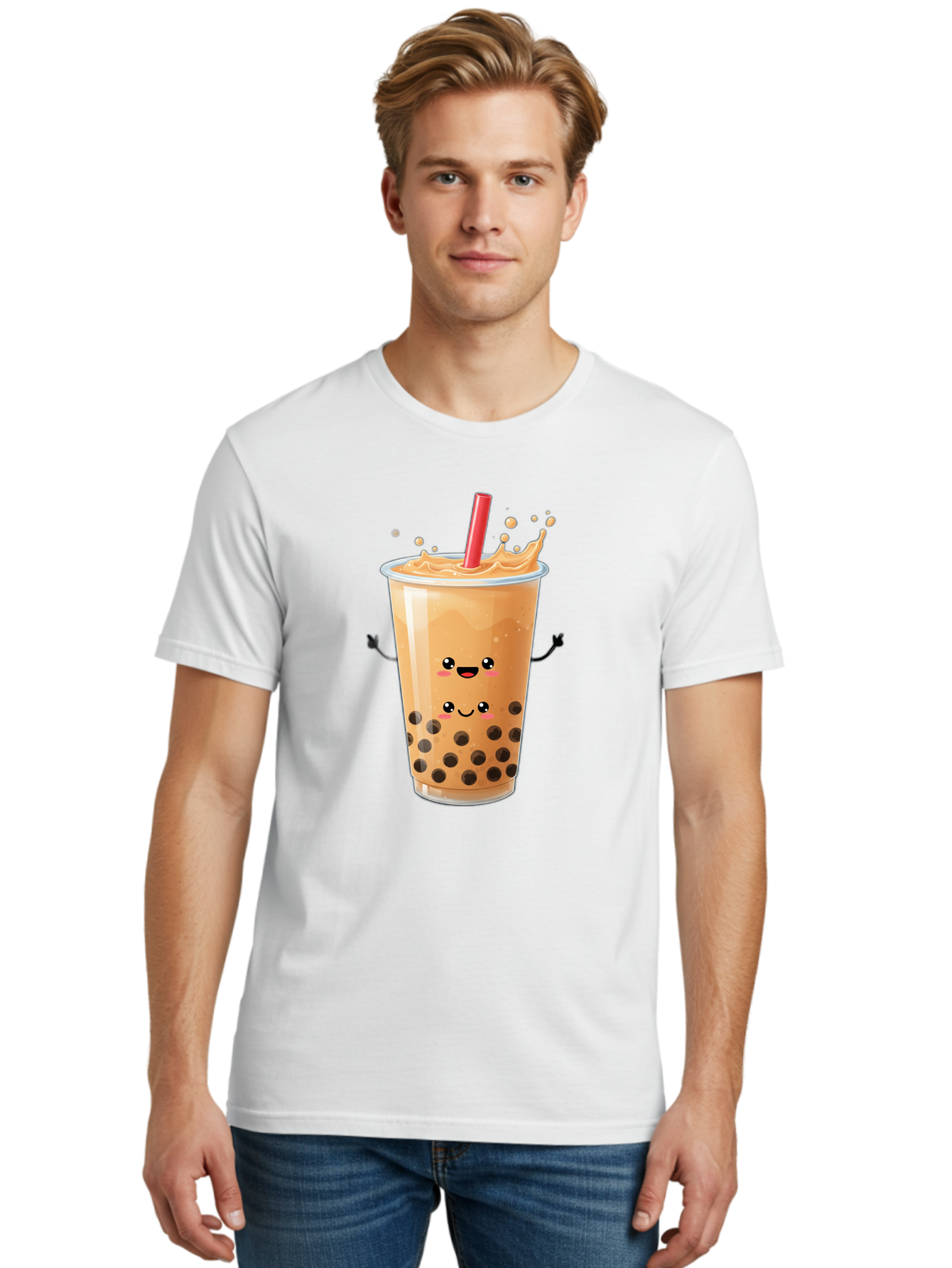 Bubble-Milk-Tea-4 Men'S Graphic Tee, 100% Cotton, Comfortable Casual Summer Wear, Machine Washable, Cartoon Bubble Tea, Boba Tea, Milk Tea, Kawaii Drink, Cute Beverage, Smiling Drink, Asian Drink Culture, Tea Lover Bac686