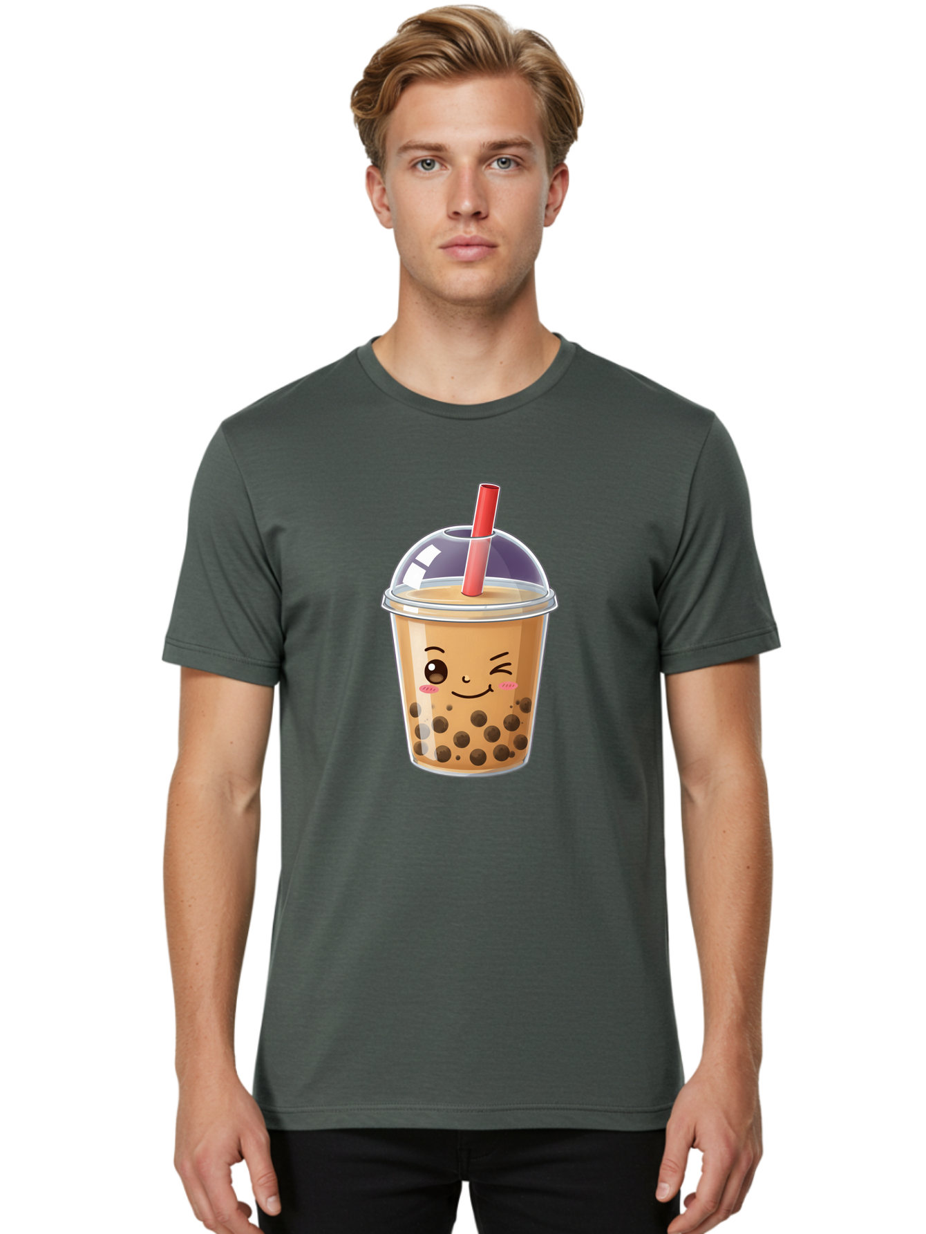 Bubble-Milk-Tea-5 Men'S Graphic Tee, 100% Cotton, Comfortable Casual Summer Wear, Machine Washable, Bubble Tea, Cute Cartoon, Milk Tea, Boba Drink, Kawaii Culture, Sweet Treats, Straw And Lid, Adorable Face, Winking Eyes, Smiling, Bac687