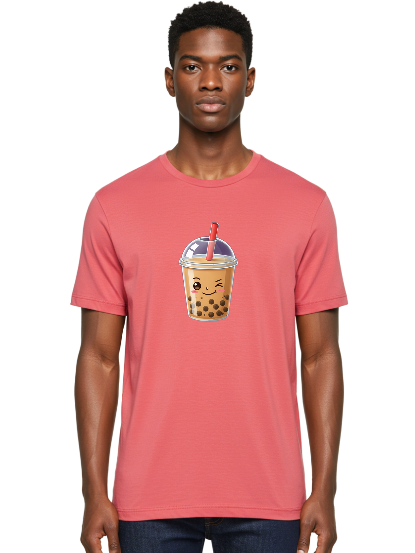 Bubble-Milk-Tea-5 Men'S Graphic Tee, 100% Cotton, Comfortable Casual Summer Wear, Machine Washable, Bubble Tea, Cute Cartoon, Milk Tea, Boba Drink, Kawaii Culture, Sweet Treats, Straw And Lid, Adorable Face, Winking Eyes, Smiling, Bac687