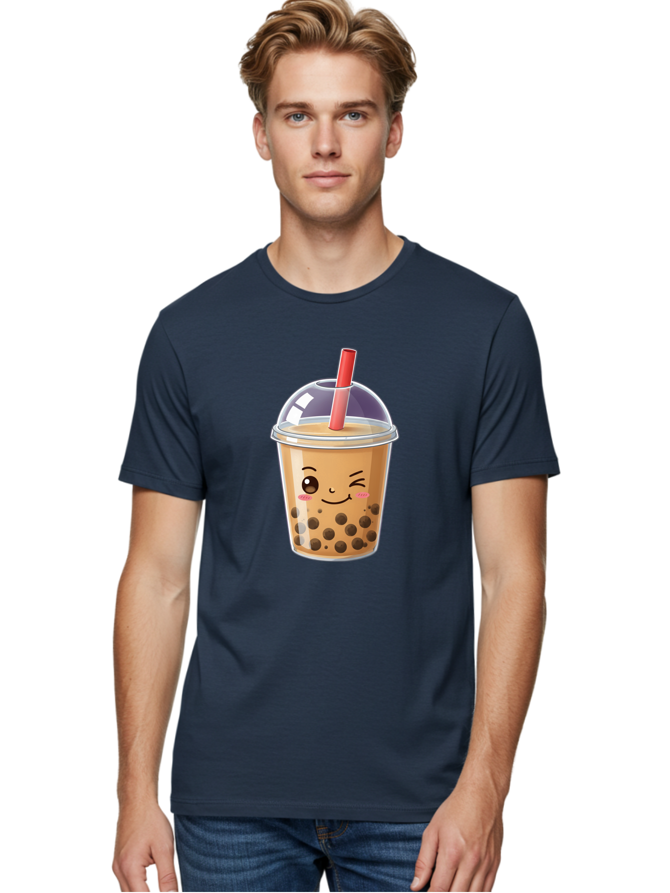 Bubble-Milk-Tea-5 Men'S Graphic Tee, 100% Cotton, Comfortable Casual Summer Wear, Machine Washable, Bubble Tea, Cute Cartoon, Milk Tea, Boba Drink, Kawaii Culture, Sweet Treats, Straw And Lid, Adorable Face, Winking Eyes, Smiling, Bac687
