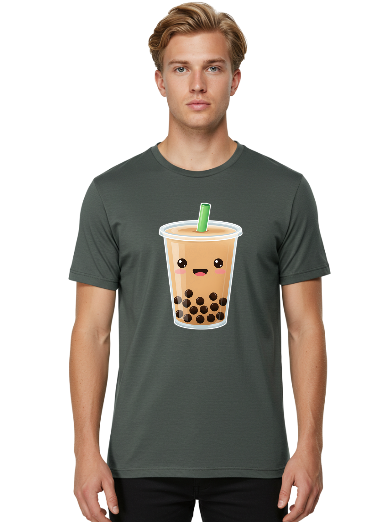 Bubble-Milk-Tea Men'S Graphic Tee, 100% Cotton, Comfortable Casual Summer Wear, Machine Washable, Bubble Tea, Boba, Milk Tea, Straw, Cartoon Character, Cute Face, Black Boba Pearls, Smiling, Kawaii, Popular Drink, Fun Design, Tasty, Bac688