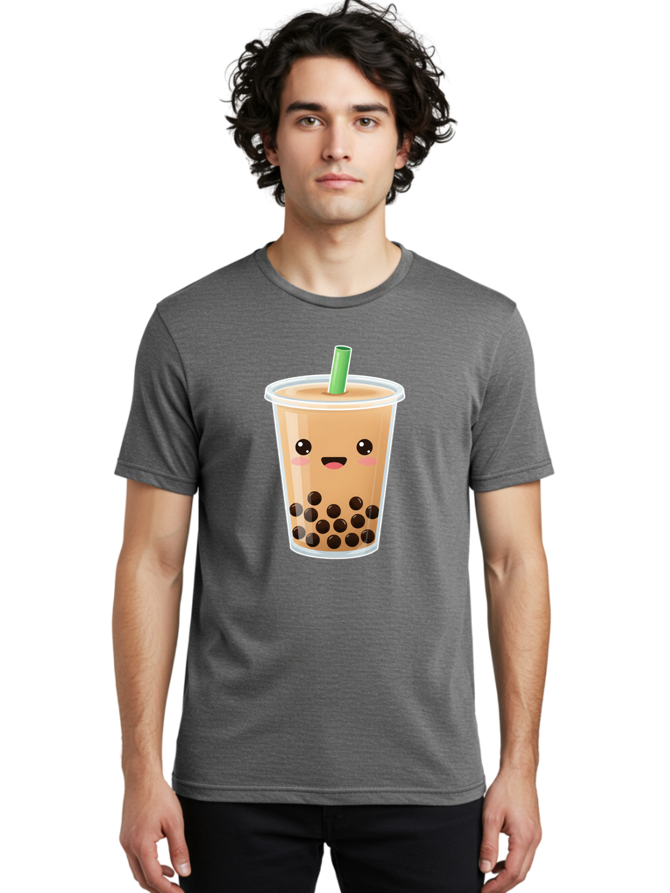 Bubble-Milk-Tea Men'S Graphic Tee, 100% Cotton, Comfortable Casual Summer Wear, Machine Washable, Bubble Tea, Boba, Milk Tea, Straw, Cartoon Character, Cute Face, Black Boba Pearls, Smiling, Kawaii, Popular Drink, Fun Design, Tasty, Bac688