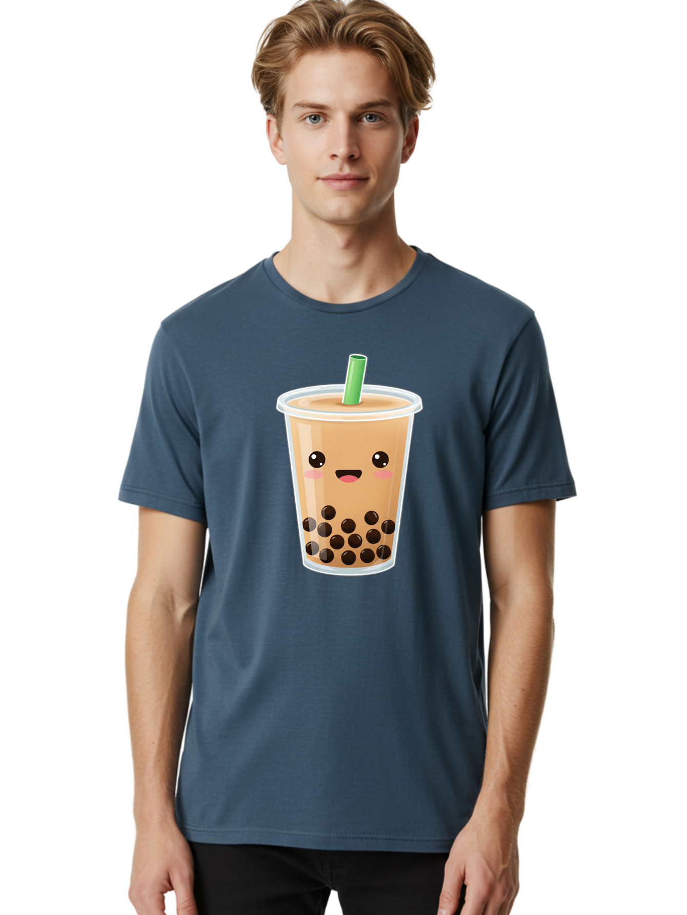 Bubble-Milk-Tea Men'S Graphic Tee, 100% Cotton, Comfortable Casual Summer Wear, Machine Washable, Bubble Tea, Boba, Milk Tea, Straw, Cartoon Character, Cute Face, Black Boba Pearls, Smiling, Kawaii, Popular Drink, Fun Design, Tasty, Bac688