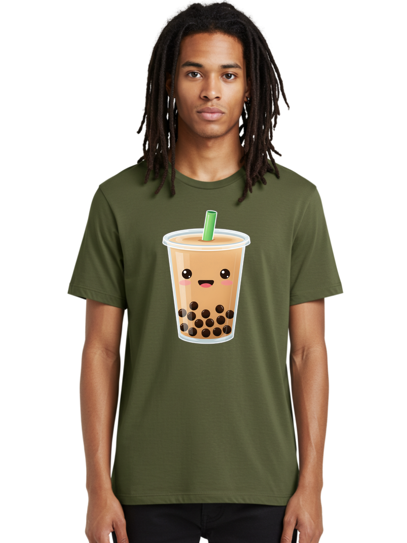 Bubble-Milk-Tea Men'S Graphic Tee, 100% Cotton, Comfortable Casual Summer Wear, Machine Washable, Bubble Tea, Boba, Milk Tea, Straw, Cartoon Character, Cute Face, Black Boba Pearls, Smiling, Kawaii, Popular Drink, Fun Design, Tasty, Bac688