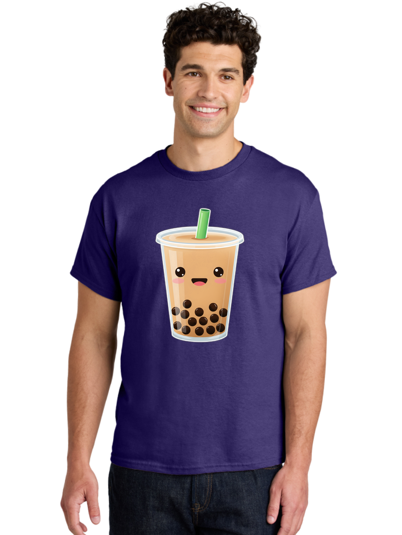 Bubble-Milk-Tea Men'S Graphic Tee, 100% Cotton, Comfortable Casual Summer Wear, Machine Washable, Bubble Tea, Boba, Milk Tea, Straw, Cartoon Character, Cute Face, Black Boba Pearls, Smiling, Kawaii, Popular Drink, Fun Design, Tasty, Bac688