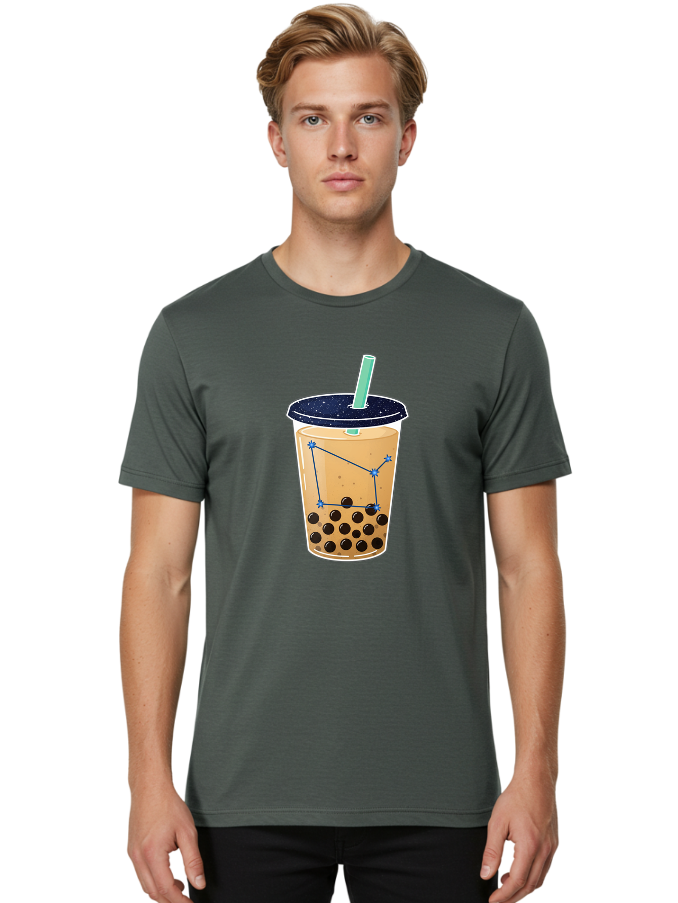 Bubble-Tea-11 Men'S Graphic Tee, 100% Cotton, Comfortable Casual Summer Wear, Machine Washable, Bubble Tea, Boba Drink, Milk Tea, Constellation Design, Starry Night, Coffee Drink, Tea Cup, Straw, Tapioca Pearls Bac691