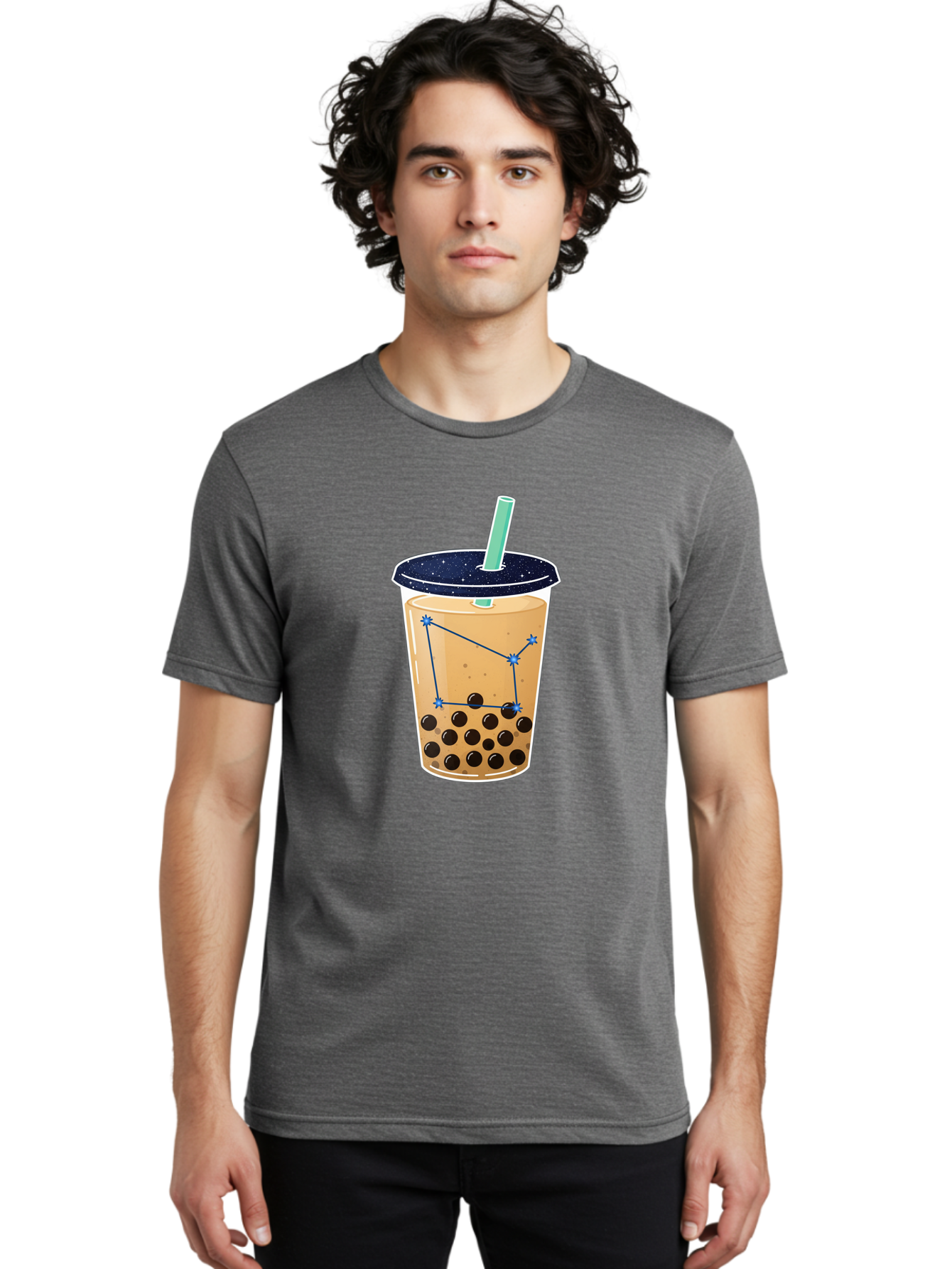 Bubble-Tea-11 Men'S Graphic Tee, 100% Cotton, Comfortable Casual Summer Wear, Machine Washable, Bubble Tea, Boba Drink, Milk Tea, Constellation Design, Starry Night, Coffee Drink, Tea Cup, Straw, Tapioca Pearls Bac691