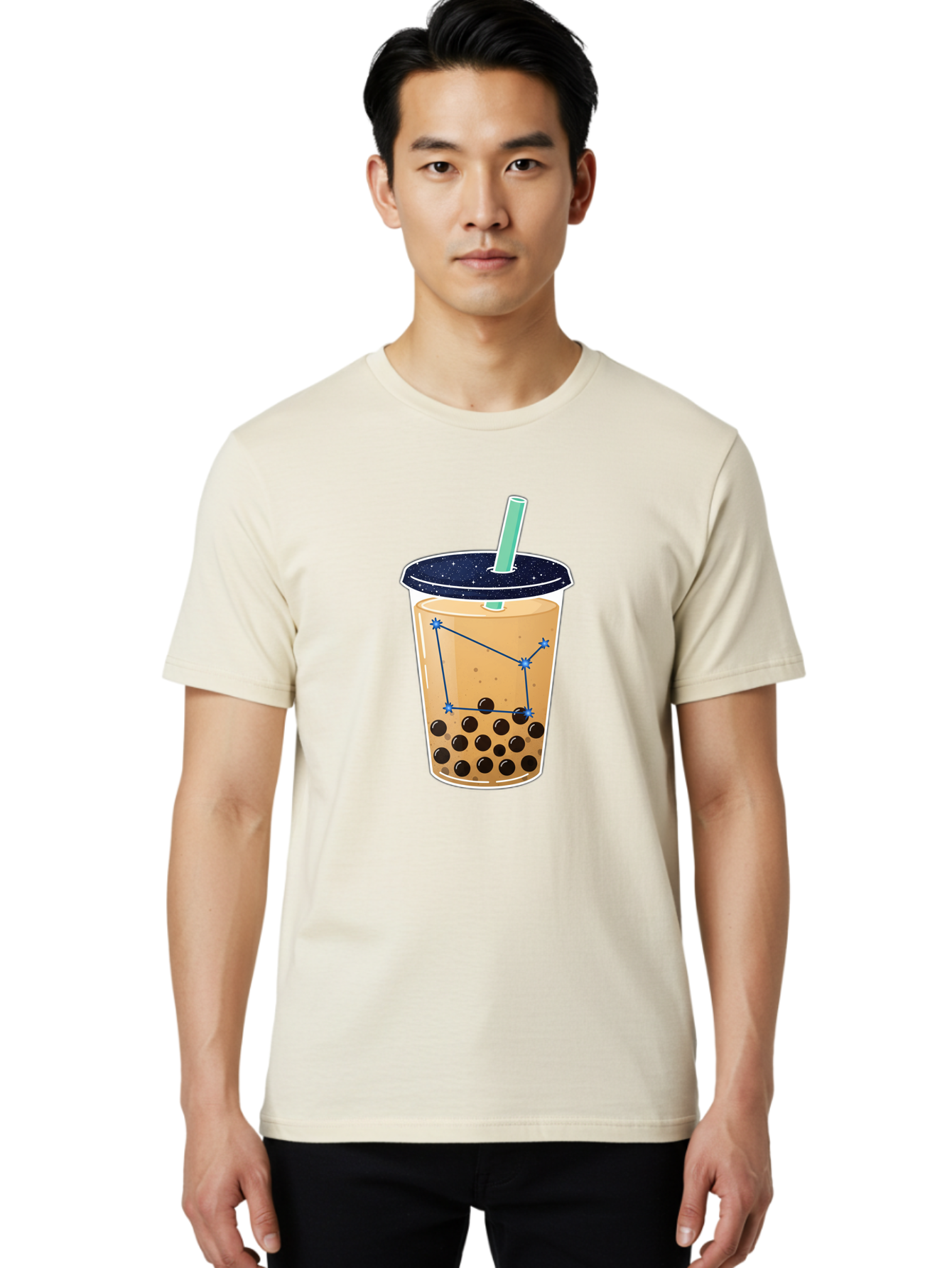 Bubble-Tea-11 Men'S Graphic Tee, 100% Cotton, Comfortable Casual Summer Wear, Machine Washable, Bubble Tea, Boba Drink, Milk Tea, Constellation Design, Starry Night, Coffee Drink, Tea Cup, Straw, Tapioca Pearls Bac691
