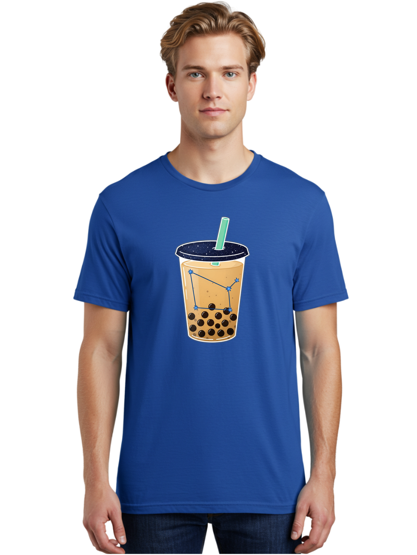 Bubble-Tea-11 Men'S Graphic Tee, 100% Cotton, Comfortable Casual Summer Wear, Machine Washable, Bubble Tea, Boba Drink, Milk Tea, Constellation Design, Starry Night, Coffee Drink, Tea Cup, Straw, Tapioca Pearls Bac691