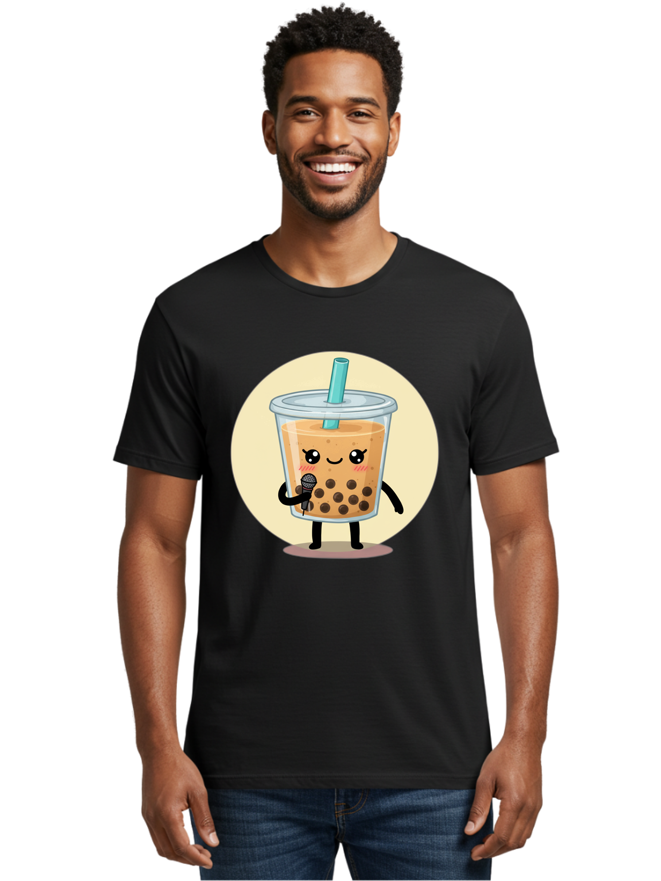 Bubble-Tea-12 Men'S Graphic Tee, 100% Cotton, Comfortable Casual Summer Wear, Machine Washable, Cartoon Bubble Tea, Adorable Character, Kawaii, Cute Illustration, Boba Drink, Microphone, Straw, Charming Personality, Fun Design, Playful Vibe, Bac692