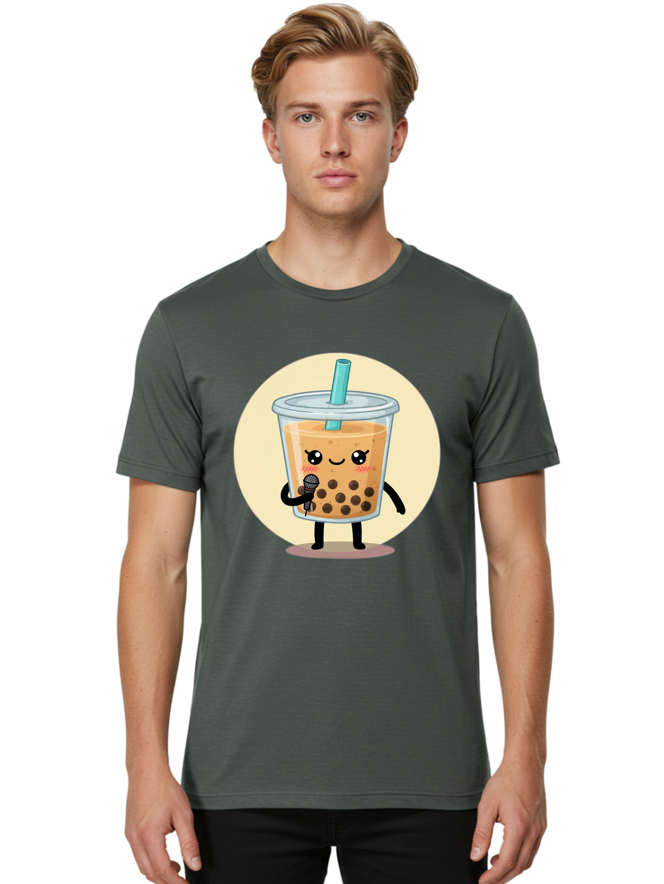 Bubble-Tea-12 Men'S Graphic Tee, 100% Cotton, Comfortable Casual Summer Wear, Machine Washable, Cartoon Bubble Tea, Adorable Character, Kawaii, Cute Illustration, Boba Drink, Microphone, Straw, Charming Personality, Fun Design, Playful Vibe, Bac692