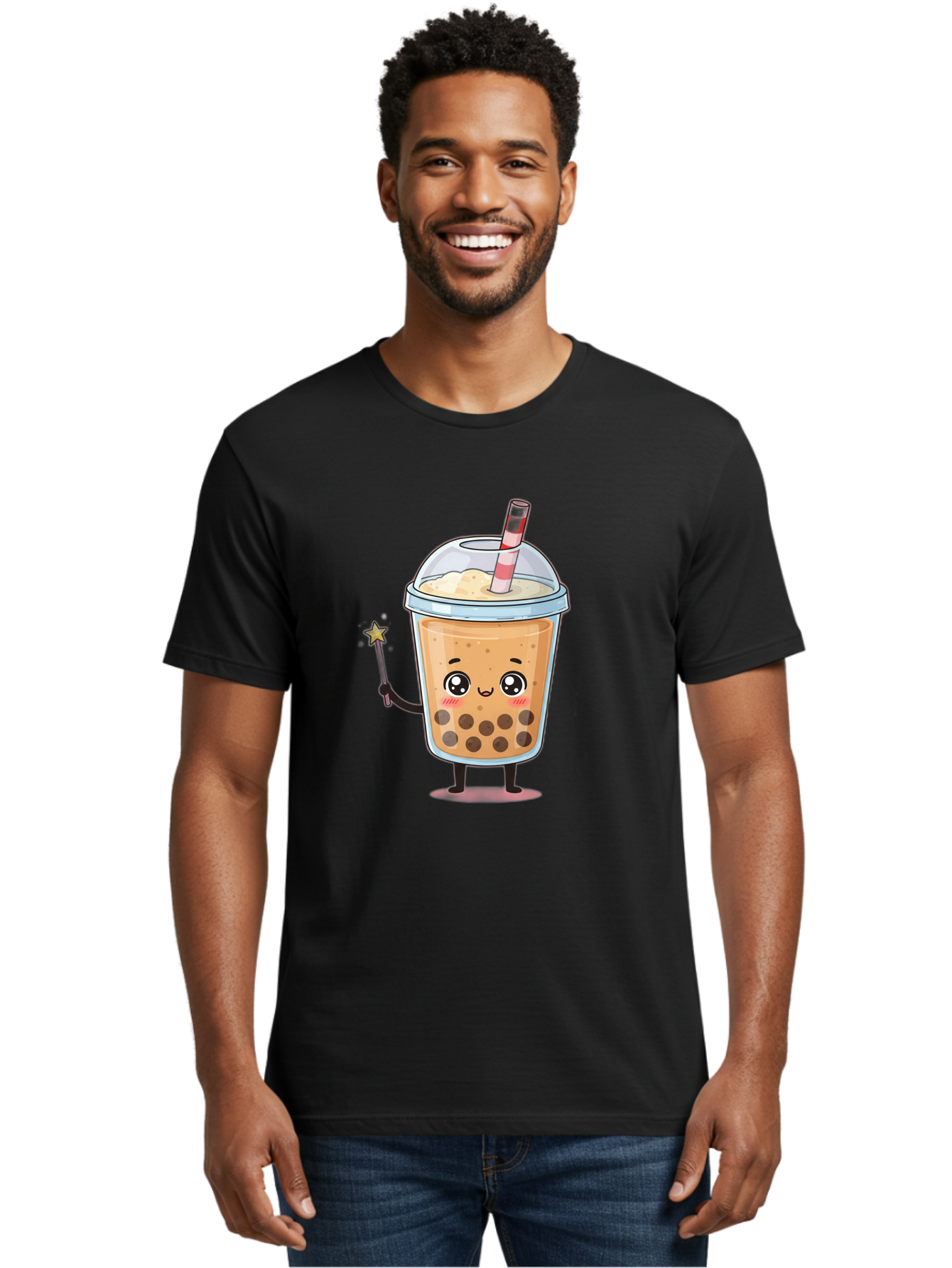 Bubble-Tea-14 Men'S Graphic Tee, 100% Cotton, Comfortable Casual Summer Wear, Machine Washable, Cute Bubble Tea, Cartoon Character, Boba Drink, Magical Wand, Whimsical Design, Adorable Expression, Tea Lover, Animated Beverage, Fantasy Drink, Bac694