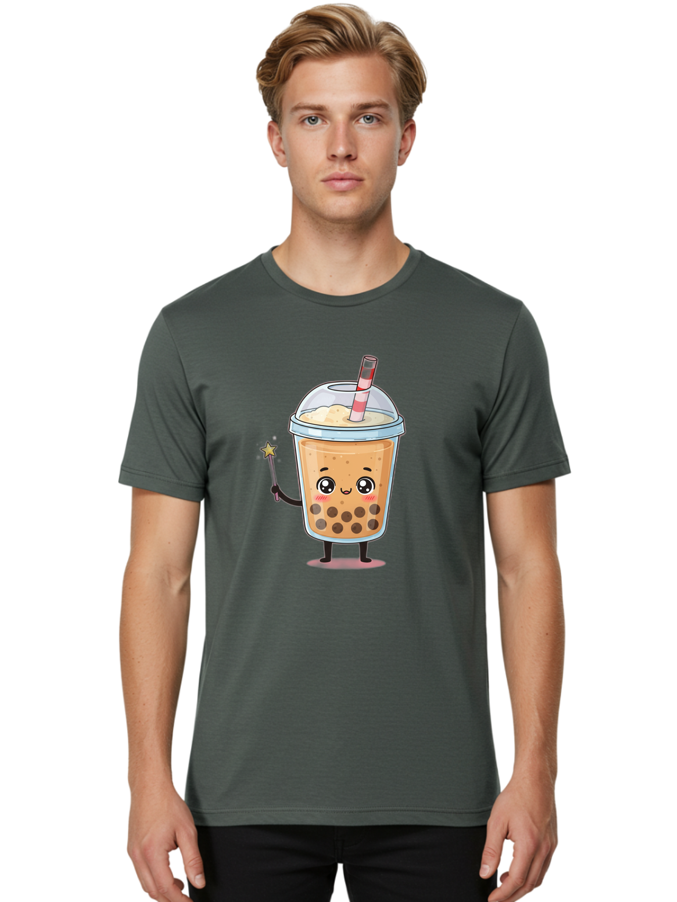 Bubble-Tea-14 Men'S Graphic Tee, 100% Cotton, Comfortable Casual Summer Wear, Machine Washable, Cute Bubble Tea, Cartoon Character, Boba Drink, Magical Wand, Whimsical Design, Adorable Expression, Tea Lover, Animated Beverage, Fantasy Drink, Bac694