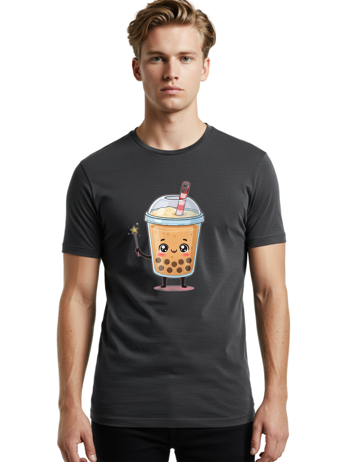 Bubble-Tea-14 Men'S Graphic Tee, 100% Cotton, Comfortable Casual Summer Wear, Machine Washable, Cute Bubble Tea, Cartoon Character, Boba Drink, Magical Wand, Whimsical Design, Adorable Expression, Tea Lover, Animated Beverage, Fantasy Drink, Bac694