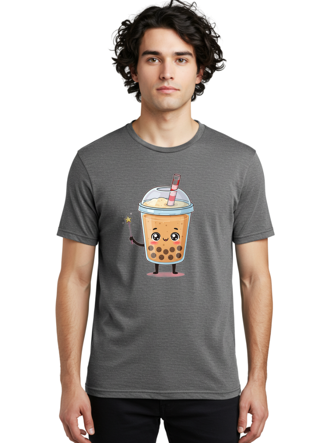 Bubble-Tea-14 Men'S Graphic Tee, 100% Cotton, Comfortable Casual Summer Wear, Machine Washable, Cute Bubble Tea, Cartoon Character, Boba Drink, Magical Wand, Whimsical Design, Adorable Expression, Tea Lover, Animated Beverage, Fantasy Drink, Bac694
