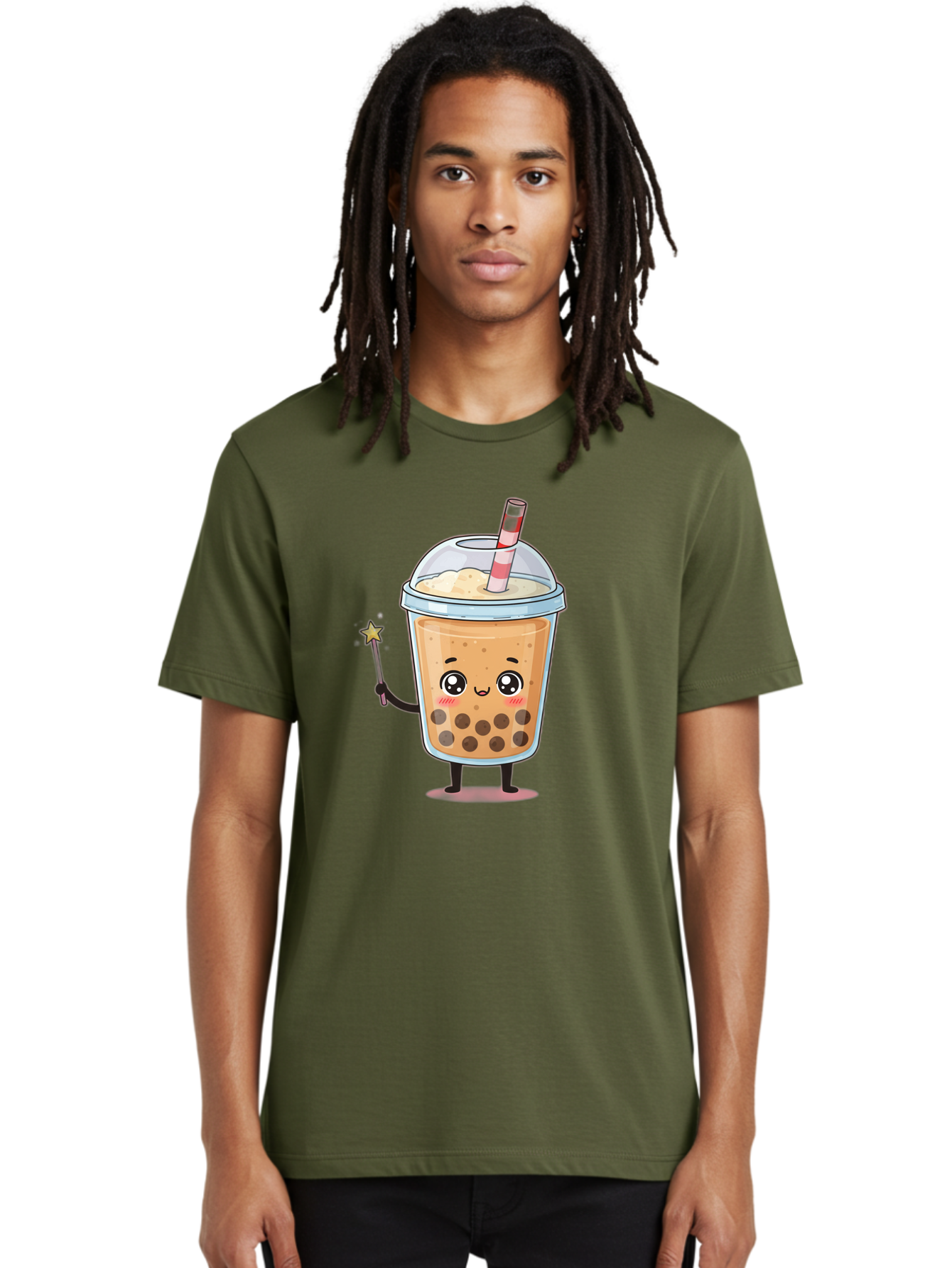 Bubble-Tea-14 Men'S Graphic Tee, 100% Cotton, Comfortable Casual Summer Wear, Machine Washable, Cute Bubble Tea, Cartoon Character, Boba Drink, Magical Wand, Whimsical Design, Adorable Expression, Tea Lover, Animated Beverage, Fantasy Drink, Bac694