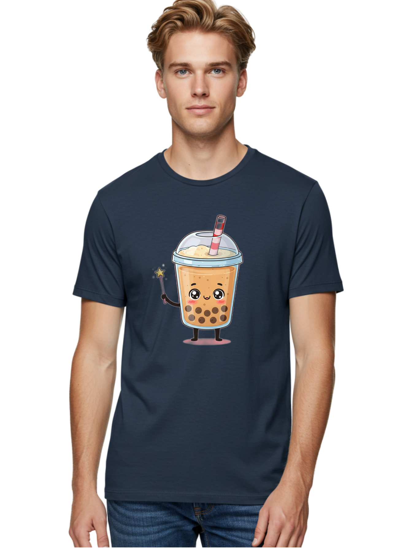 Bubble-Tea-14 Men'S Graphic Tee, 100% Cotton, Comfortable Casual Summer Wear, Machine Washable, Cute Bubble Tea, Cartoon Character, Boba Drink, Magical Wand, Whimsical Design, Adorable Expression, Tea Lover, Animated Beverage, Fantasy Drink, Bac694