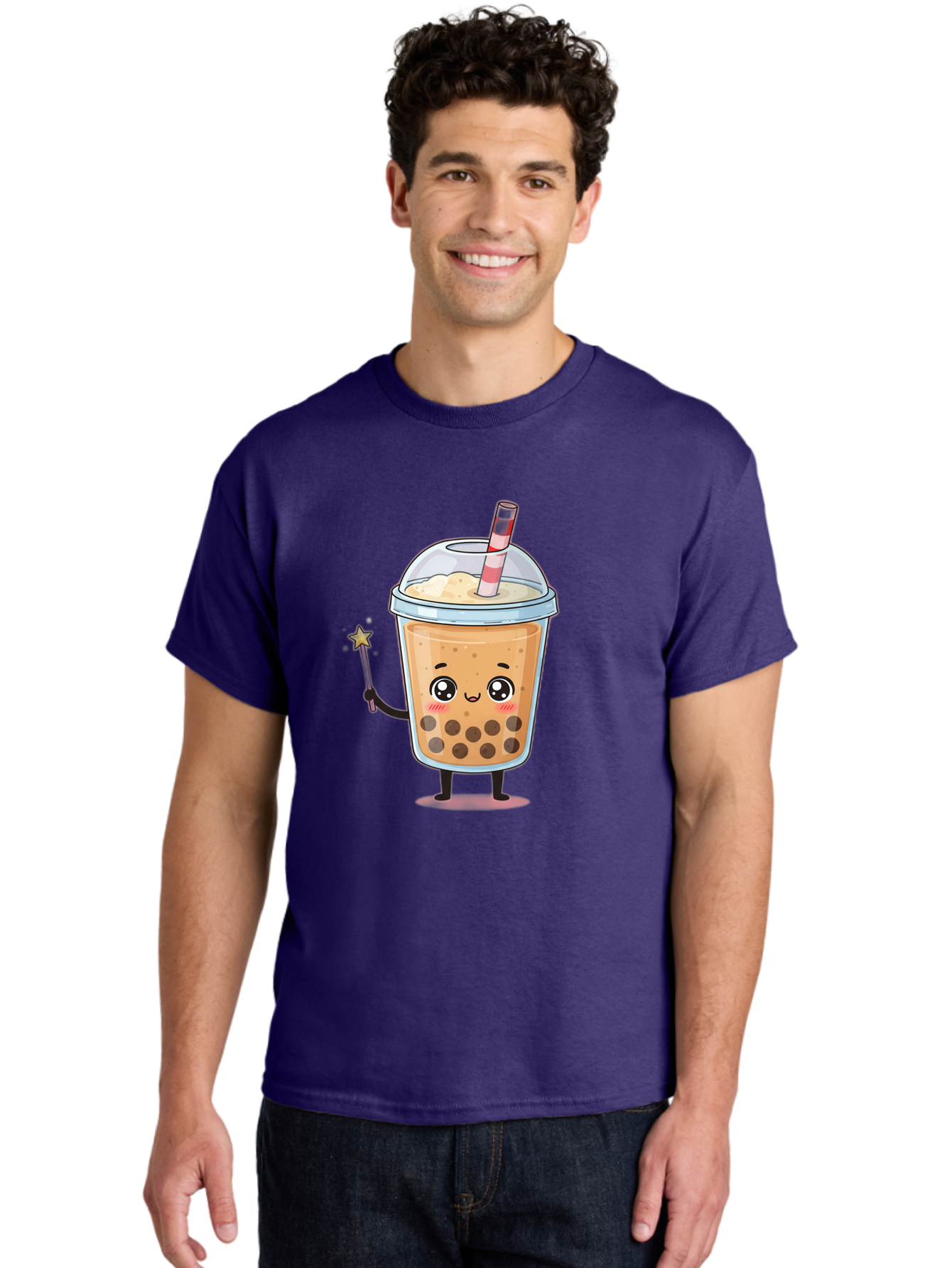 Bubble-Tea-14 Men'S Graphic Tee, 100% Cotton, Comfortable Casual Summer Wear, Machine Washable, Cute Bubble Tea, Cartoon Character, Boba Drink, Magical Wand, Whimsical Design, Adorable Expression, Tea Lover, Animated Beverage, Fantasy Drink, Bac694