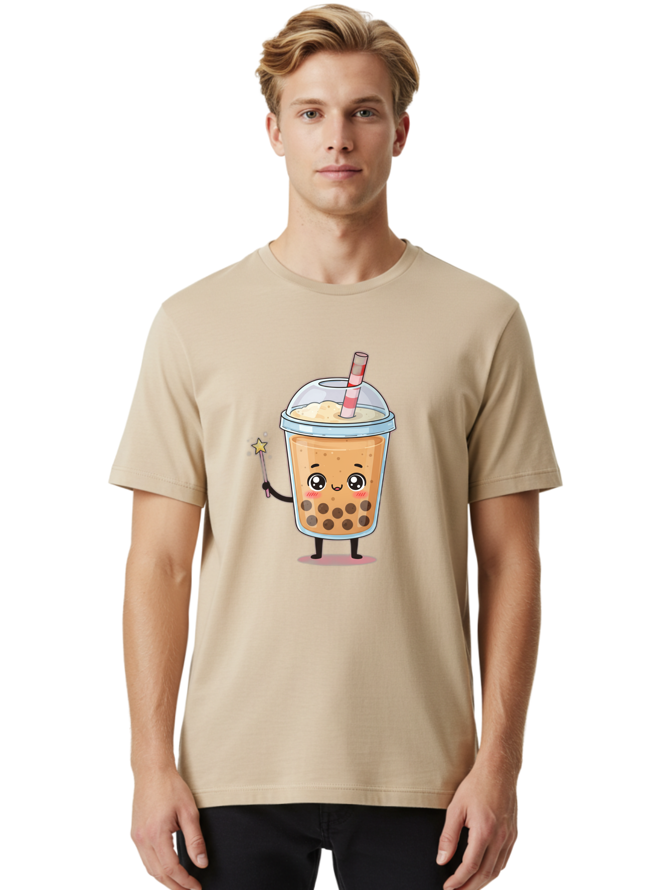 Bubble-Tea-14 Men'S Graphic Tee, 100% Cotton, Comfortable Casual Summer Wear, Machine Washable, Cute Bubble Tea, Cartoon Character, Boba Drink, Magical Wand, Whimsical Design, Adorable Expression, Tea Lover, Animated Beverage, Fantasy Drink, Bac694
