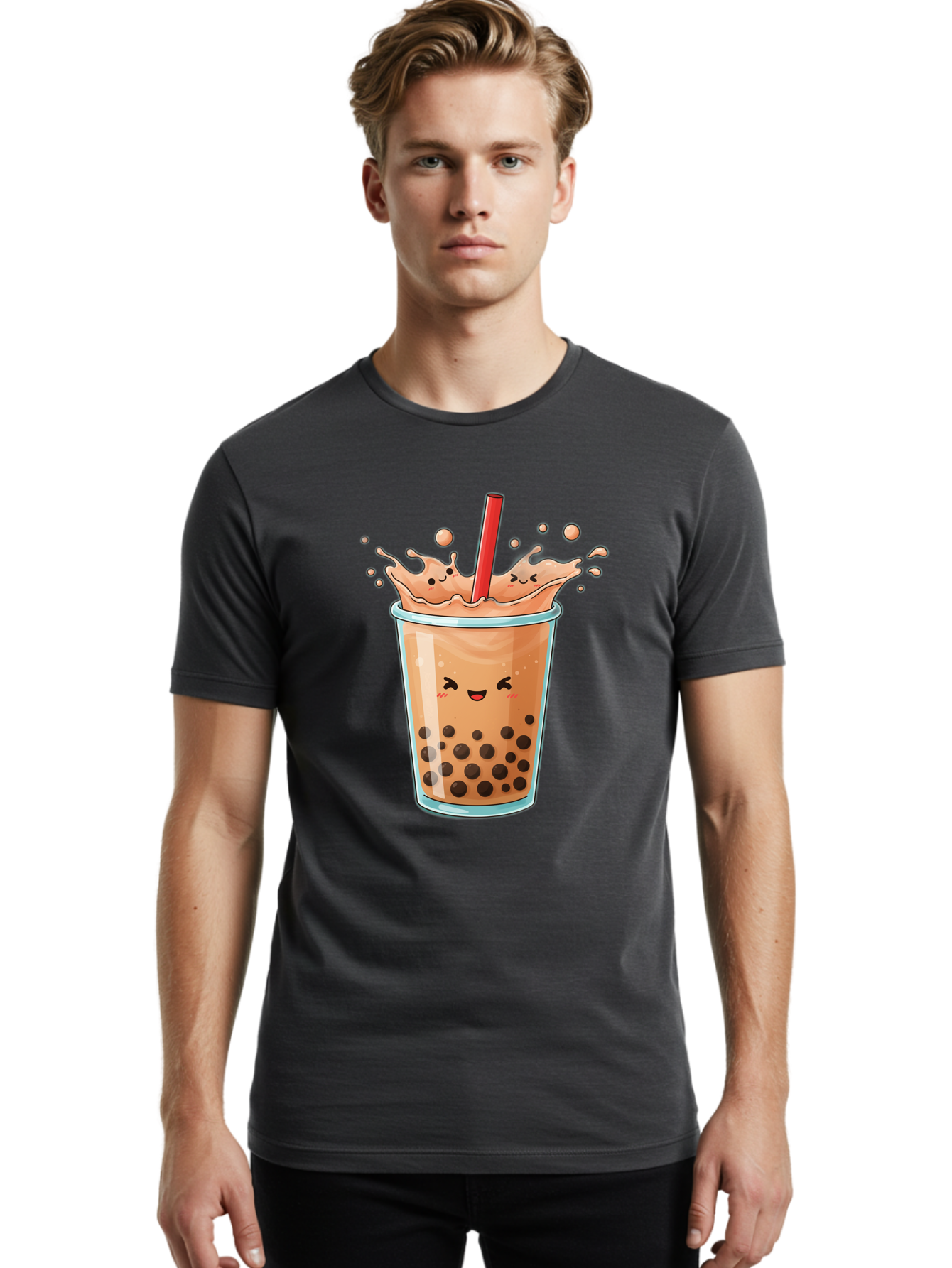 Bubble-Tea-17 Men'S Graphic Tee, 100% Cotton, Comfortable Casual Summer Wear, Machine Washable, Boba Tea With Straw, Cartoon Bubble Tea, Milk Tea With Bubbles, Cute Drink, Boba Drink, Tapioca Pearls, Kawaii Bubble Tea, Smiling Tea Bac697