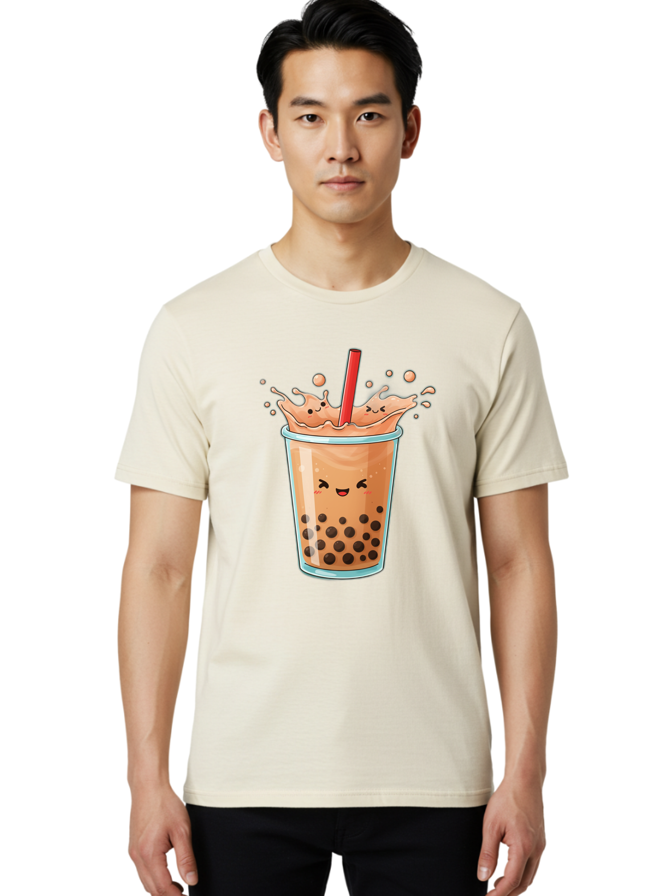 Bubble-Tea-17 Men'S Graphic Tee, 100% Cotton, Comfortable Casual Summer Wear, Machine Washable, Boba Tea With Straw, Cartoon Bubble Tea, Milk Tea With Bubbles, Cute Drink, Boba Drink, Tapioca Pearls, Kawaii Bubble Tea, Smiling Tea Bac697