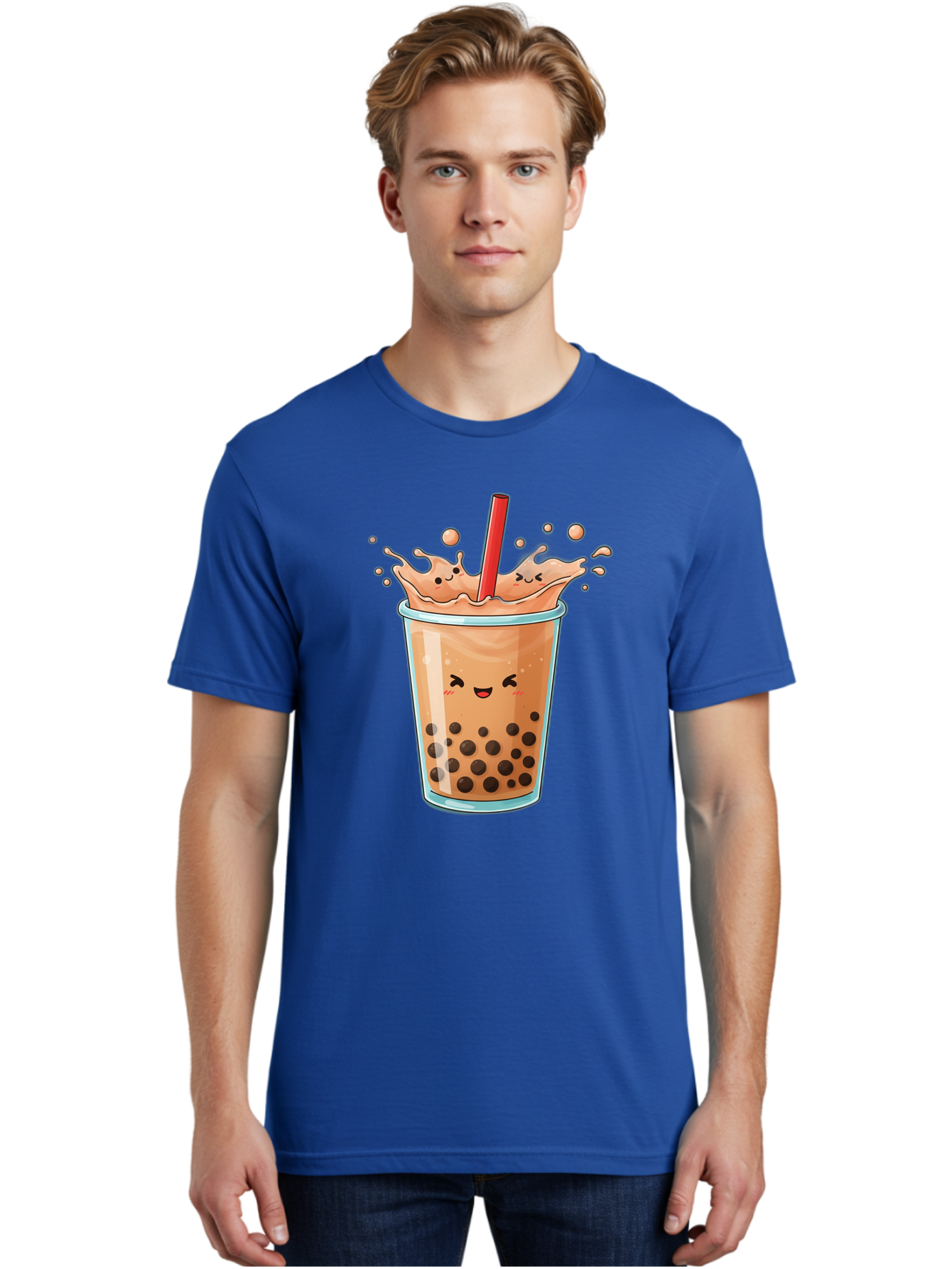 Bubble-Tea-17 Men'S Graphic Tee, 100% Cotton, Comfortable Casual Summer Wear, Machine Washable, Boba Tea With Straw, Cartoon Bubble Tea, Milk Tea With Bubbles, Cute Drink, Boba Drink, Tapioca Pearls, Kawaii Bubble Tea, Smiling Tea Bac697